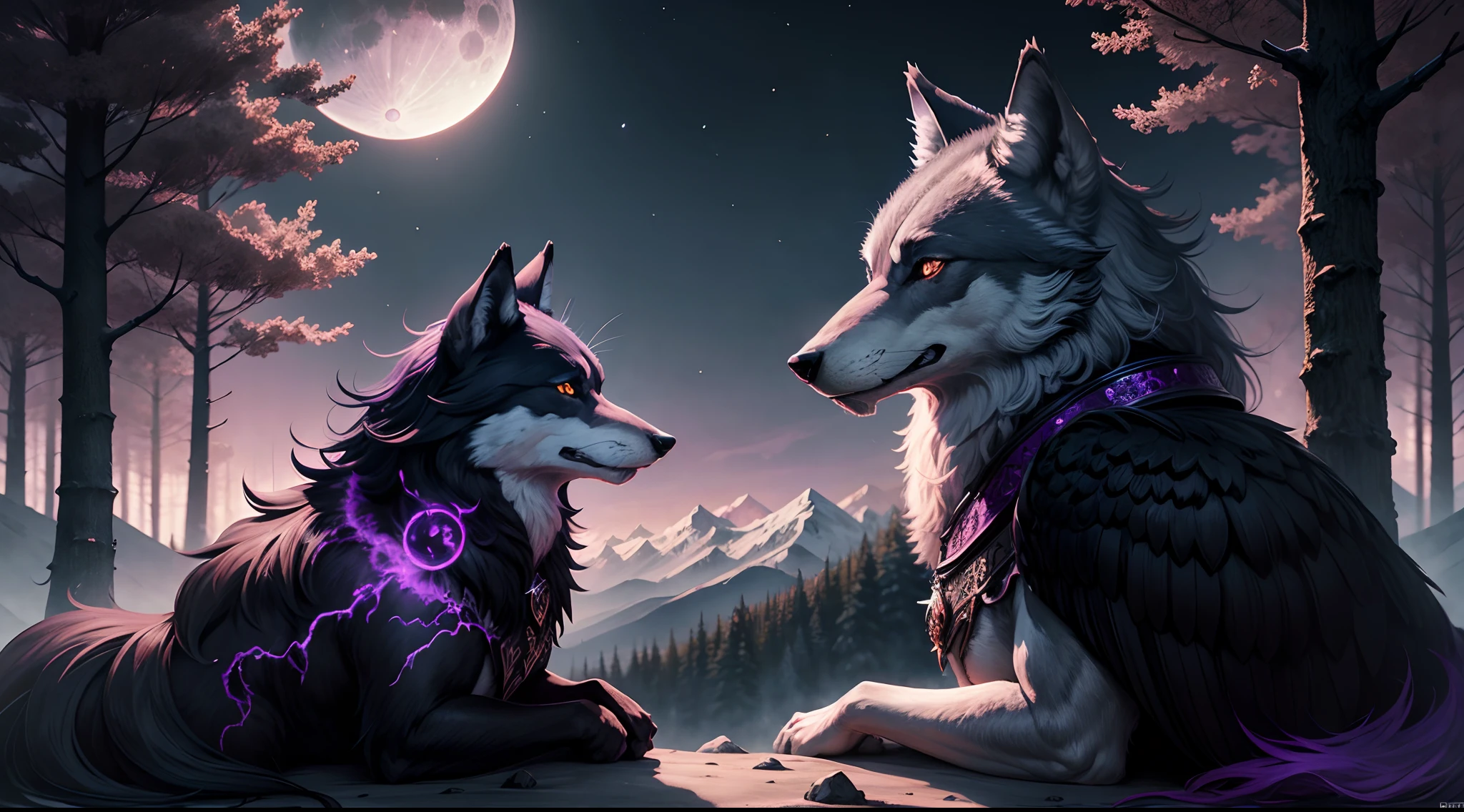 wolf, item, fantasy art,black fur with tints of purple, watching a black with tints of red raven flying above the wolf, they are friends, overlooking a moon lite forest, portrait, --auto