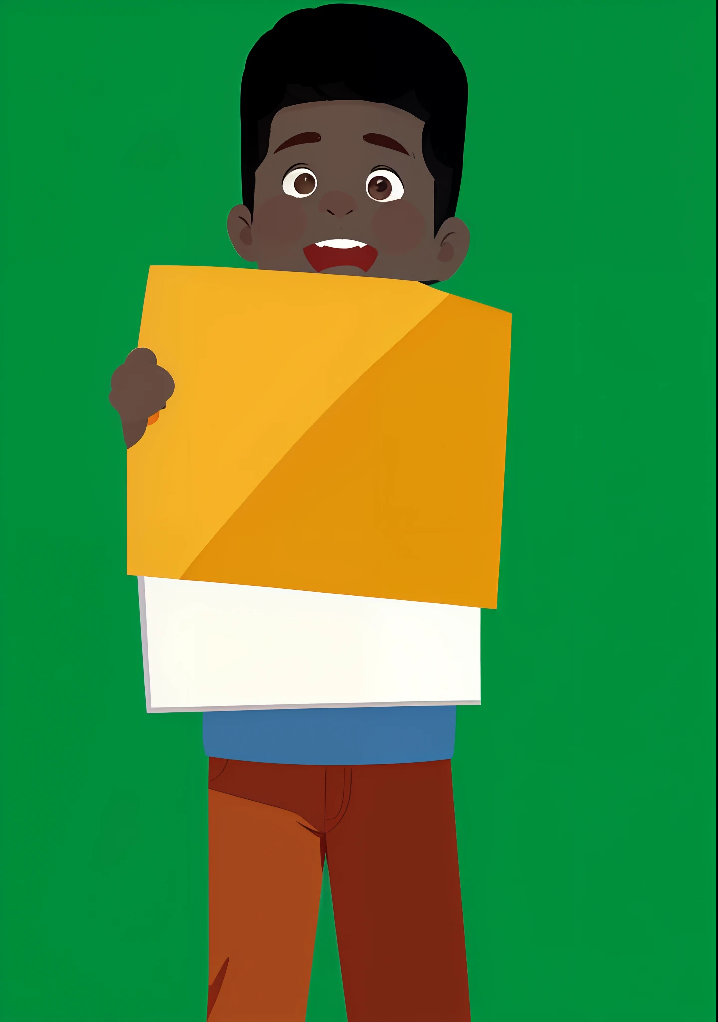 Menina dos desenhos animados segurando um sinal amarelo com um grande sorriso, subject action: segurando sinal, subject action : segurando sinal, sem gradientes, cabrito, cartoon illustration, estudante, em um papel amarelo, Cartoon style illustration, em papel amarelo, flat illustration, Big!!!!!!!!!!!!, sem texto, simple illustration, Ad image, garotinho, menina bonito, garota, garotada, japones