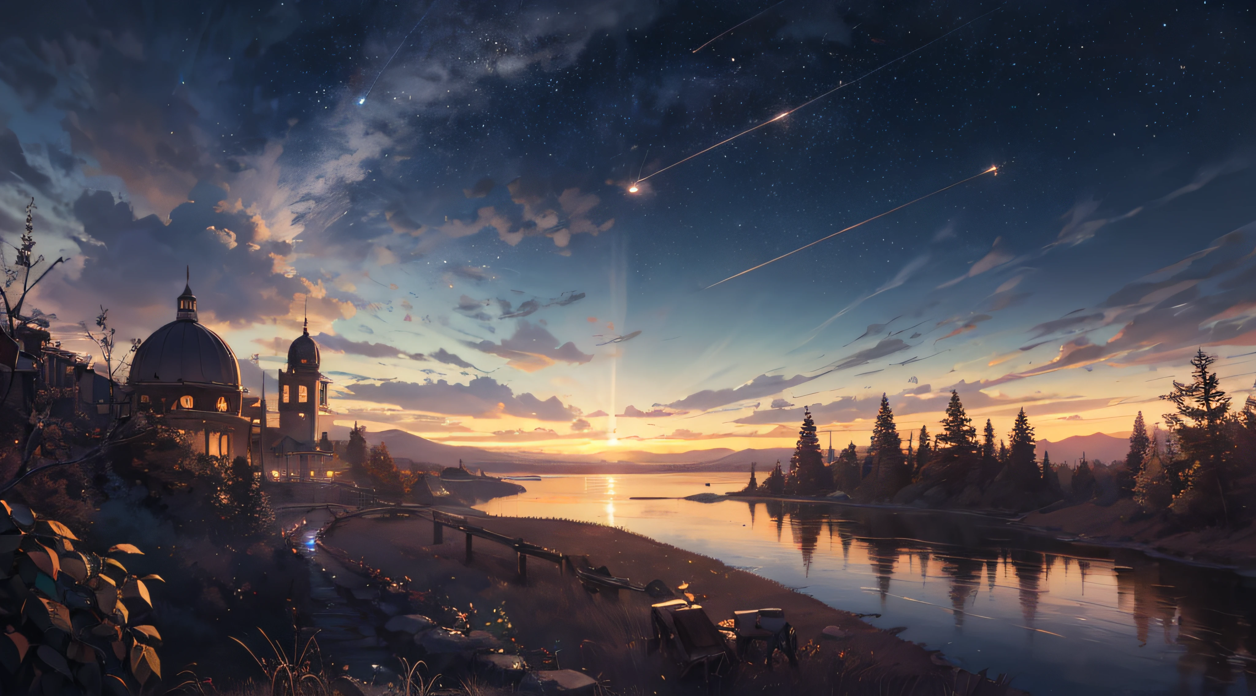 Expansive landscape photograph，（moon full：1.2），（meteors：0.9），（Starcloud：1.3），（Warm light source：1.2），（glowworm：1.2），lamp lights，Lots of purple and orange，Complicated details，Volumetriclighting，Realism BREAK（tmasterpiece：1.2），（best qualtiy），8K，Ultra-detailed，（dynamic compositions：1.4），The is very detailed，Colorful details，（Irridescent color：1.2），（luminouslighting，Atmospheric lighting），dream magical，magical，（独奏：1.2），（（best qualtiy））， （（tmasterpiece））， （the detail：1.4），depth of fields，maximum definition and sharpness，perfectly proportions，Fluttering clouds，Wallpapers