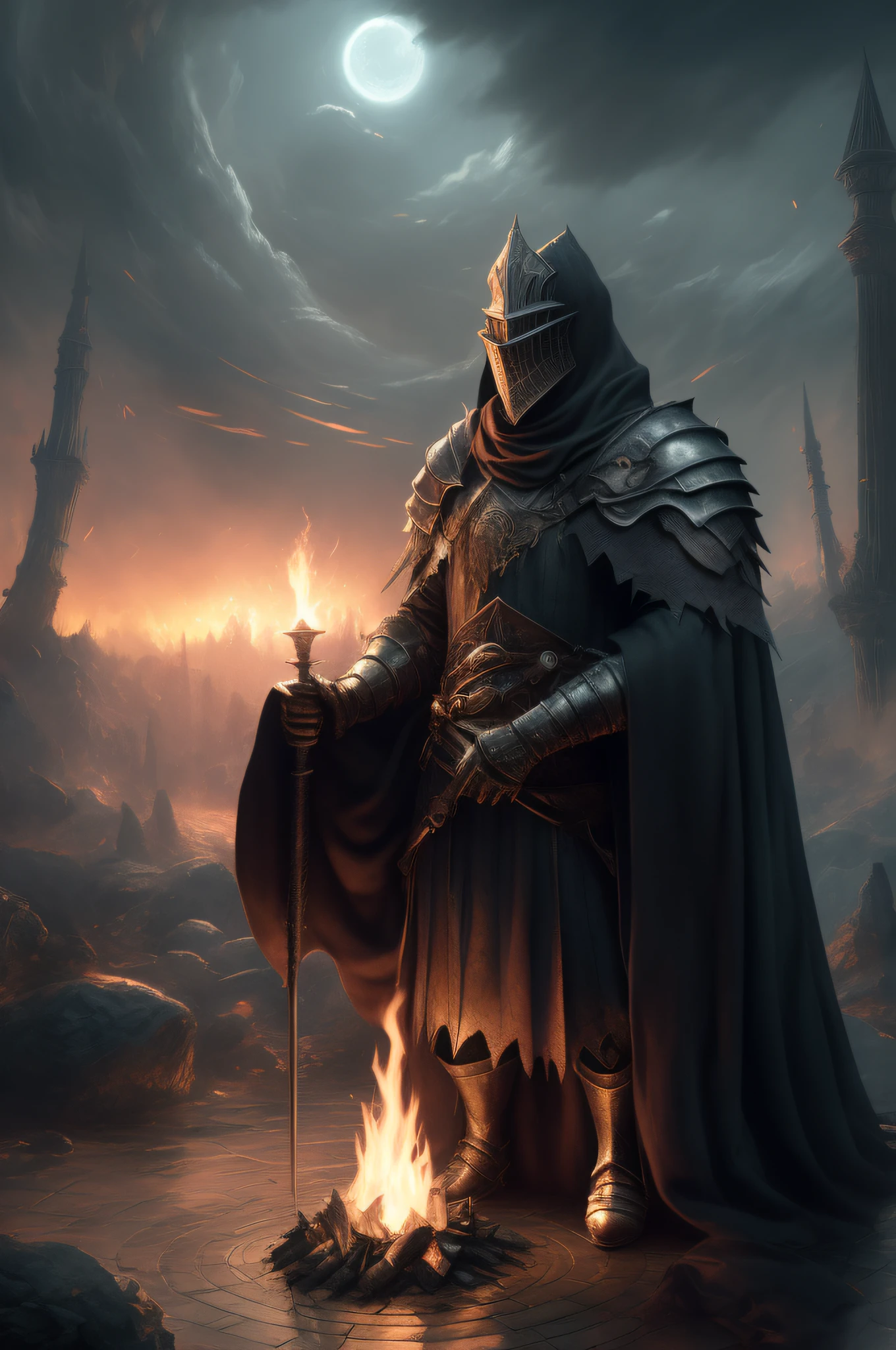 arafed knight standing in front of a fire with a sword, lord of cinder, evil knight, the dark souls knight, the dark souls knight, dark souls art style, medieval fantasy game art, dark souls art, dark soul concept, gothic knight, 《dark souls iii》, dan mumford tom bagshaw, 8K fantasy art, anor londo