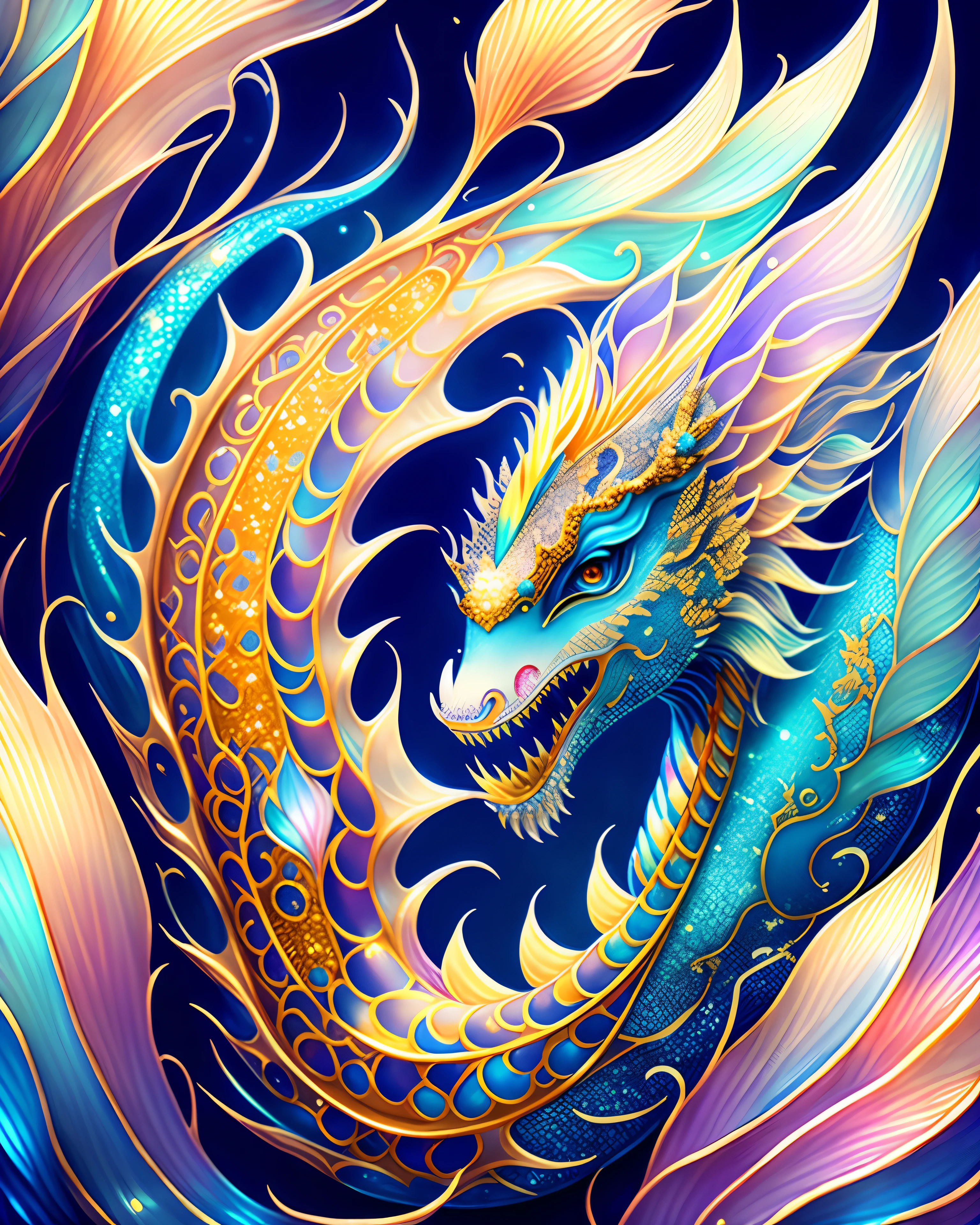 glitters, (chinesedragon),blues, Textured, Intricate, opulent, shadowing, Light pastel colors, Highly detailed, Decorative style, author:Tim Burton, By Dale Chihuly, author:Hsiao-Ron Cheng, author:Cyril Rolando, by h. r. Giger