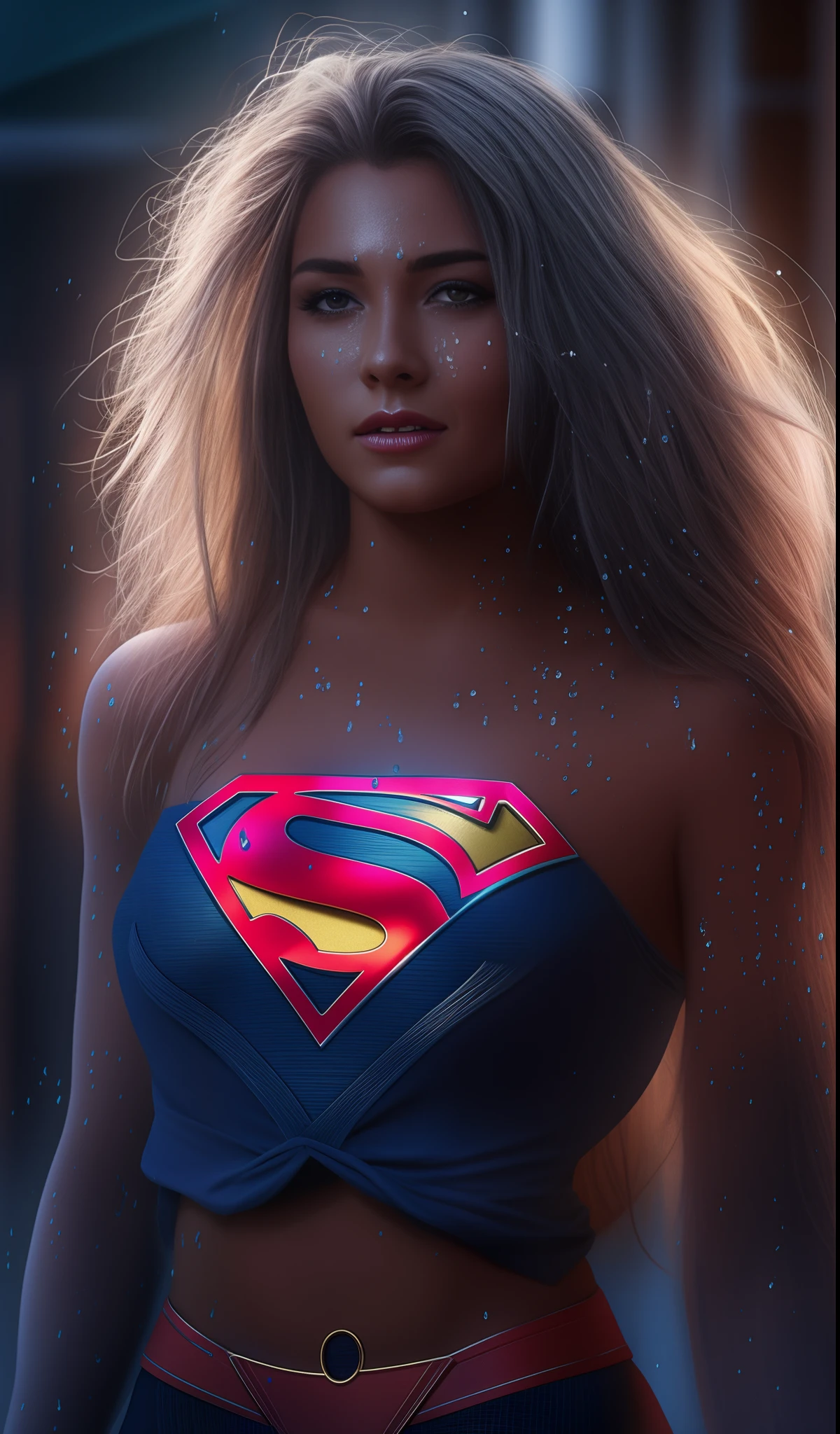 female (non-ethnicity with long curly hair, brightly detailed face, sensual smile, ((light eyes))), dressed as Supergirl in an abandoned haunted town. The moonlight highlights his muscles and scars in bright lights. The setting is lush and mysterious, with the city and surroundings dark. tribal jewelry, (best quality, 8k, masterpiece: 1.3), (full body), real, (muscular: 1.5), high-resolution face, beautiful without ethnicity, (Kpop idol),(in a cave), detailed, 8k resolution, octane renderer, cinematic lighting, epic vibe, epic mood, unreal engine render, octane render, concept art, photorealistic, environment, volumetric lighting, foggy, super, Diffraction Grating, Lumen Reflections, color grading,  retouch, enhanced, Procreate, artstation, wallpaper full body, no background, high contrast, ultra detailed realistic cinematic lighting, highly detailed, sharp focus, hyper-realistic, photorealistic painting, Beautiful Lighting, volumetric, 8K ,transparent,transparent,glowing skin,shining hair,(slime word:1.4),(tears:1.3),(torn:1.3),(sfw),(slime: 1.4),(crying:1.3)