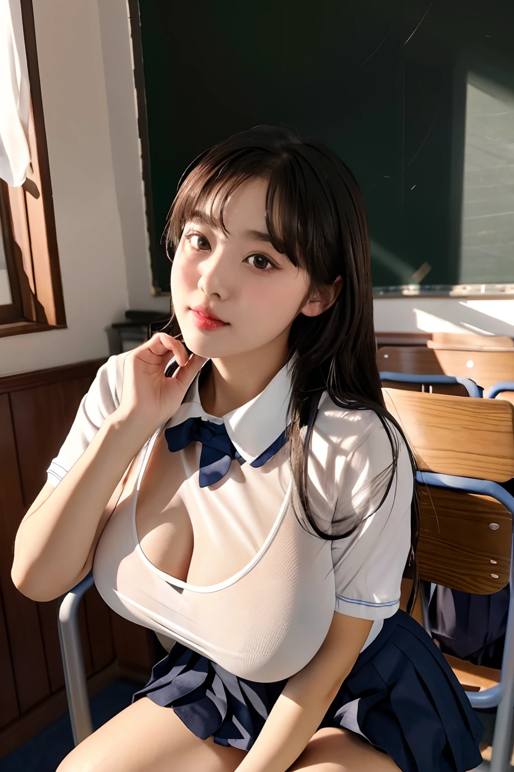 （A ），（Immature Slightly thin face），（Super swollen: Exaggerated scale: Swelling, Huge chest，super gigantic breasts），（Full clothing supported by breasts），（Plump clothing is supported by breasts），long whitr hair，（Wear a tight Chinese white transparent shirt,Thong panties），Waist less school shirt，Low neck uniform，The collar looks through the school uniform to see the bra，Classroom backgrounds for many people, sit on chair，Pose，Do difficult moves，Adopt a variety of sports positions，Pure temperament，ssmile，perfect  eyes, perfect hand，超高分辨率, Movie Angle, Professional lighting, best qualtiy, tmasterpiece, Perfect focus，Background bokeh，realisticlying，Ultra-high ress fabric texture，8k eye details，8K pupils，