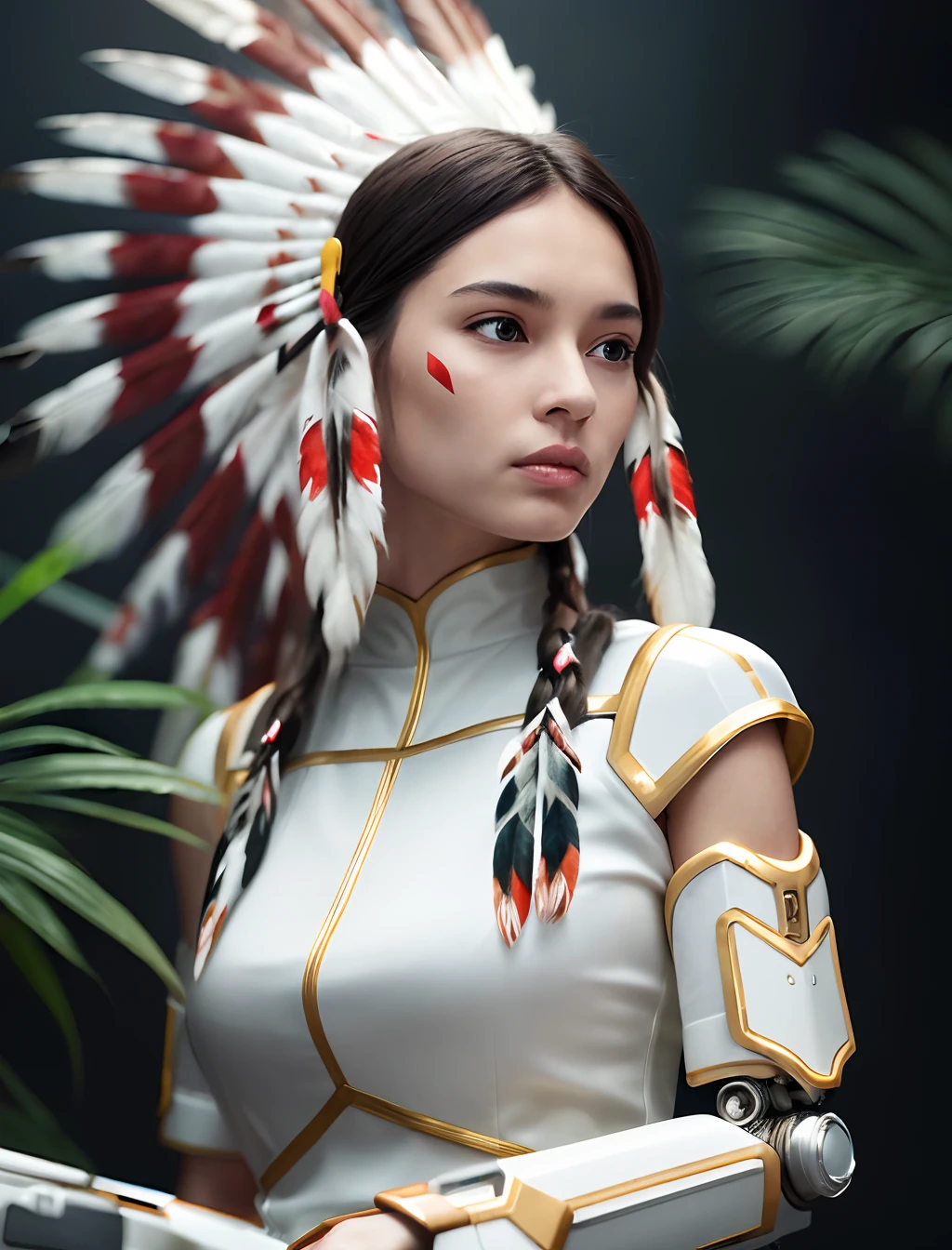 (Native American:1.5),complex 3d render ultra detailed of a beautiful porcelain profile woman android face, Cyborg, cyborg robot parts, 150 mm, Beautiful studio soft light, rim-light, vibrant detail, Luxurious cyberpunk, Lace, Hyperrealistic, anatomically, face muscles, Cable Electrical Wire, micro Chip, elegant, Beautiful background, rendering by octane, h. r. Giger style, 8K, Best quality, Masterpiece, illustration, An extremely delicate and beautiful, Extremely detailed ,CG ,Unity ,the wallpaper, (Realistic, photo-realistic:1.37),Amazing, finedetail, Masterpiece,Best quality,offcial art, Extremely detailed Cg Unity 8K wallpaper, absurderes, unbelievable Ridiculous, robot, silver halmet, full bodyesbian, Sitting.