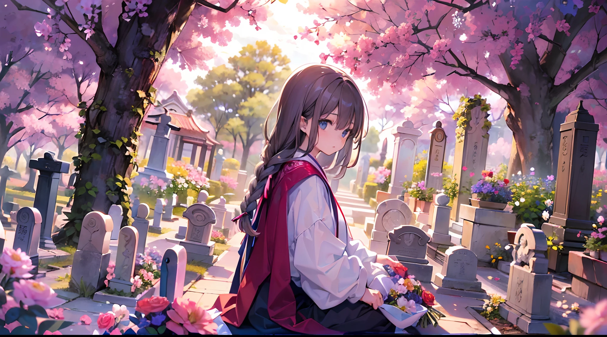 (Masterpiece, top quality, super detailed CG, ultra detailed beautiful face and eyes,super detailed, intricate details:1.2), 8k wallpapers, elaborate features,
(1 person, solo:1.4)perfect cartoon illustration、There is a woman kneeling and praying in a cemetery, japanese related with flowers, beautiful image, Grieving, flowers around, Sorrow, Praying, What happens after death, A place to sleep peacefully, Comfortable and friendly, stunning images, interesting angle, Tragic, True to life, beautiful setting, maya takamura, A tribute to life, beautful view, shrines