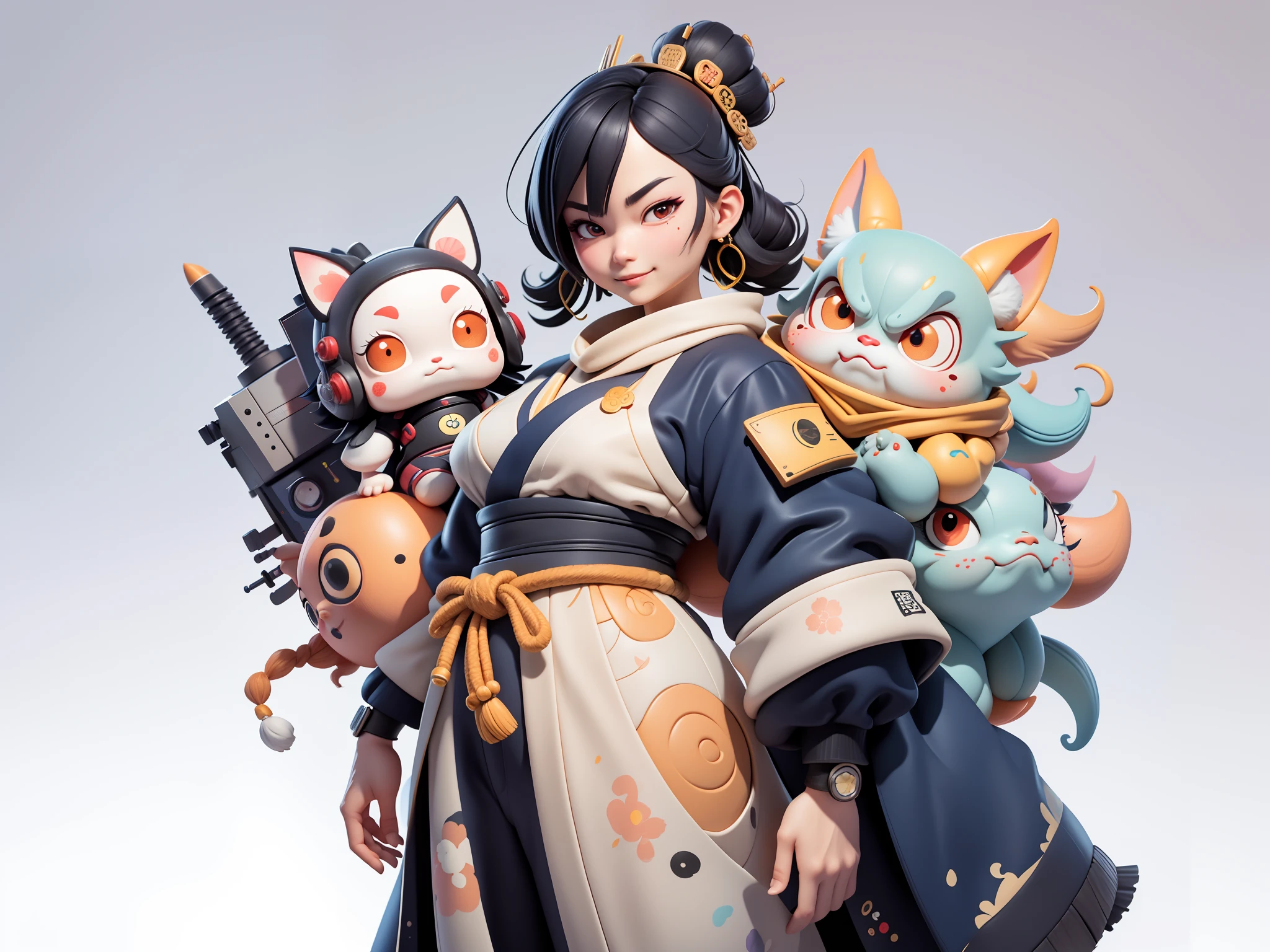 (Daisaku),(Need),(Super meticulous),(full bodyesbian:1.2),Japanese ukiyo-e girl,japanese geisha,Beautiful,Oriental dragon,Aeolian Thor,Raised sexy,爆乳,Oriental face,TV Anchor,Bust portrait illustration,Alone,In black suit,a blue tie,The face is slightly chubby,The face was clean,without a beard,Black super short hair,Black eyes,Smile confidently,3C computer sub-products,iPad, iphone,Digital painting,3D character design by Mark Clairen and Pixar and Hayao Miyazaki and Akira Toriyama,The illustration is a high-definition illustration in 4K resolution,With very detailed facial features and cartoon-style visuals。