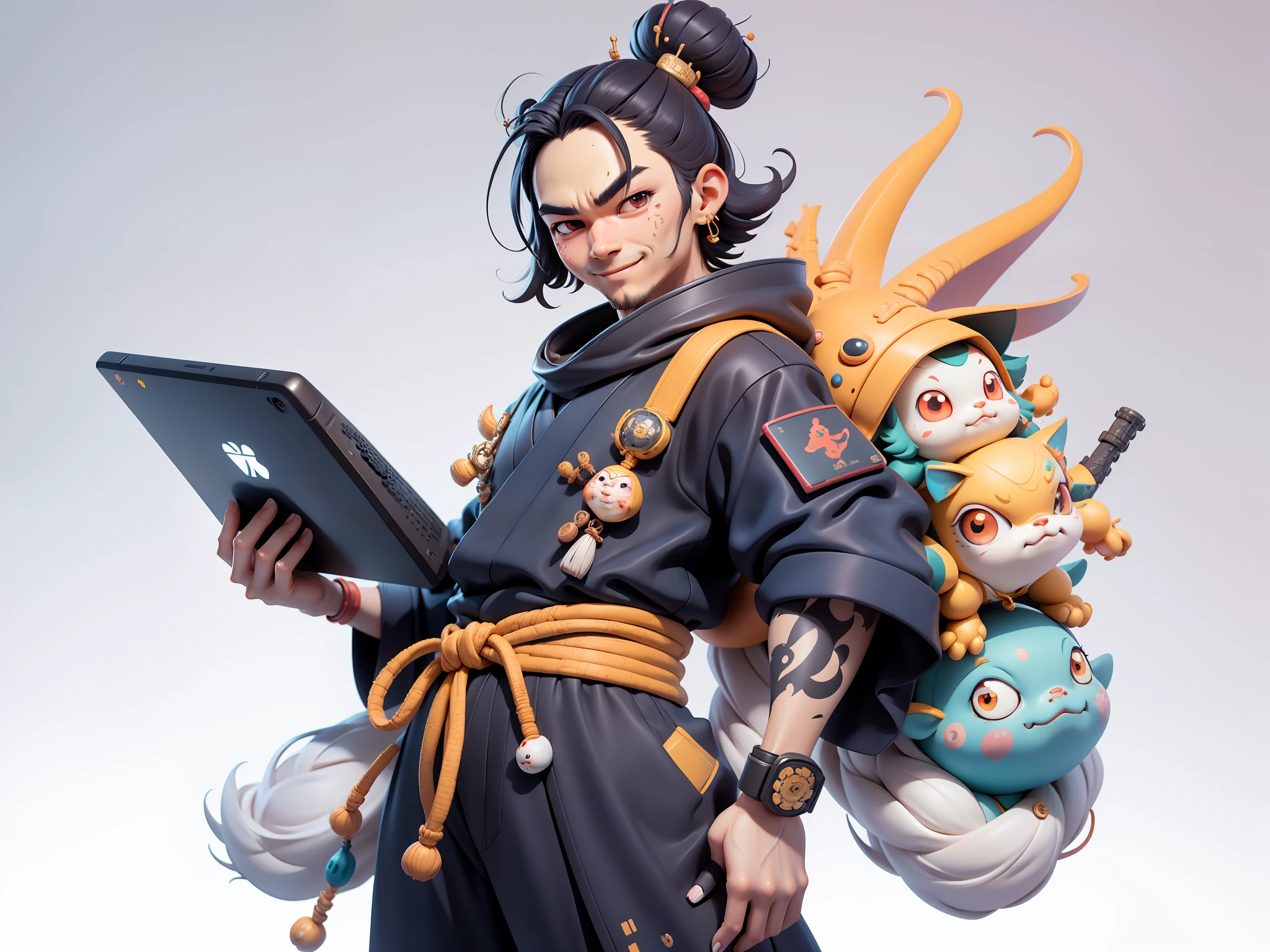 (Daisaku),(Need),(Super meticulous),(full bodyesbian:1.2),Japanese ukiyo-e girl，japanese geisha，Beautiful，Oriental dragon，Aeolian Thor，Raised sexy，爆乳，Oriental face，TV Anchor，Bust portrait illustration，Alone，In black suit，a blue tie，The face is slightly chubby，The face was clean，without a beard，Black super short hair，Black eyes，Smile confidently，3C computer sub-products，iPad， iphone，Digital painting，3D character design by Mark Clairen and Pixar and Hayao Miyazaki and Akira Toriyama，The illustration is a high-definition illustration in 4K resolution，With very detailed facial features and cartoon-style visuals。