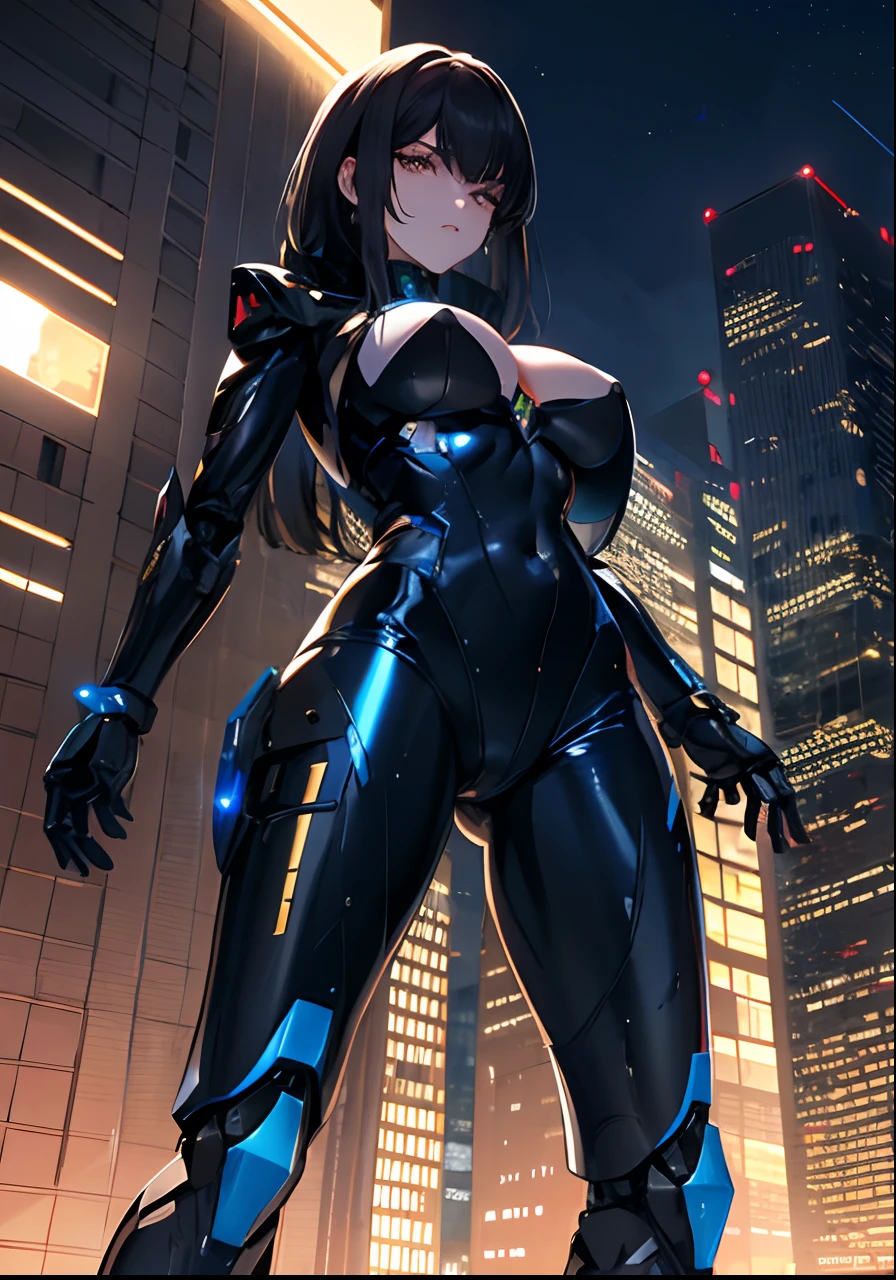 A close up of a woman in a black suit standing in front of a city ...