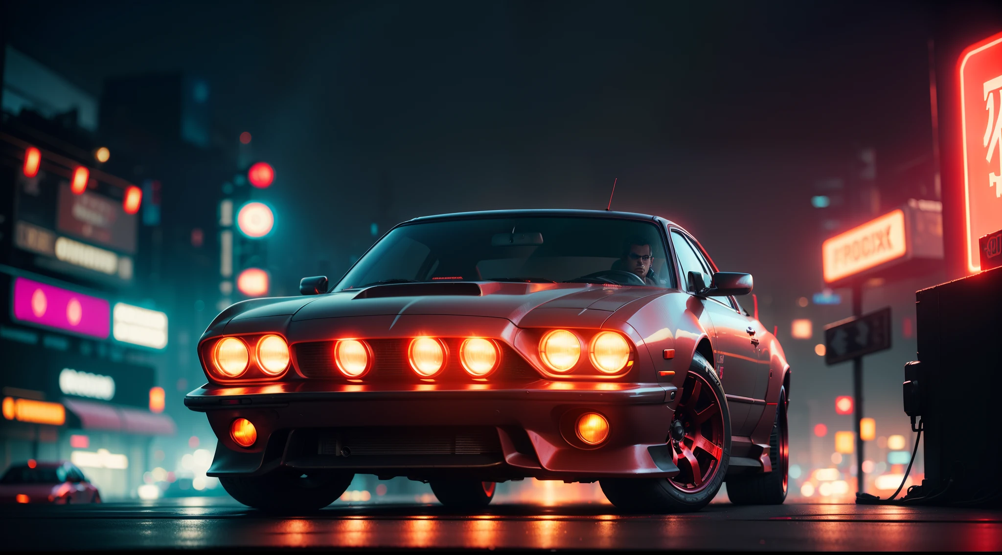 red FerFourty in cyberpunk cyberpunk city street background, neon lights, foggy street at night, bokeh, depth of field, volumetric light, gobo light, 1 car, analog, portra 800 film,