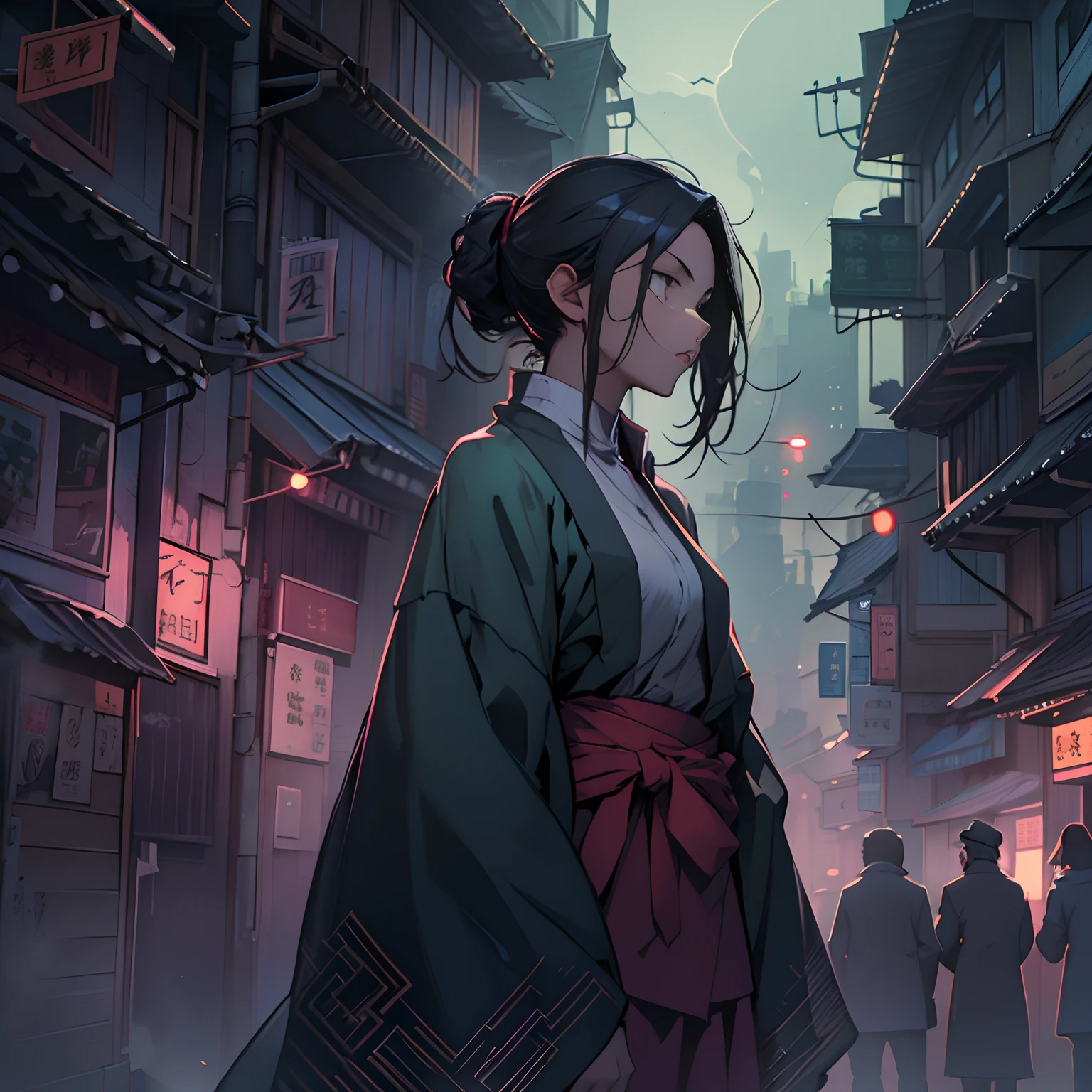 A anxious female Taoist stood at the street corner, looking ahead with a determined gaze. Behind her was a cityscape engulfed in the darkness of night, filled with an air of mystery and danger.