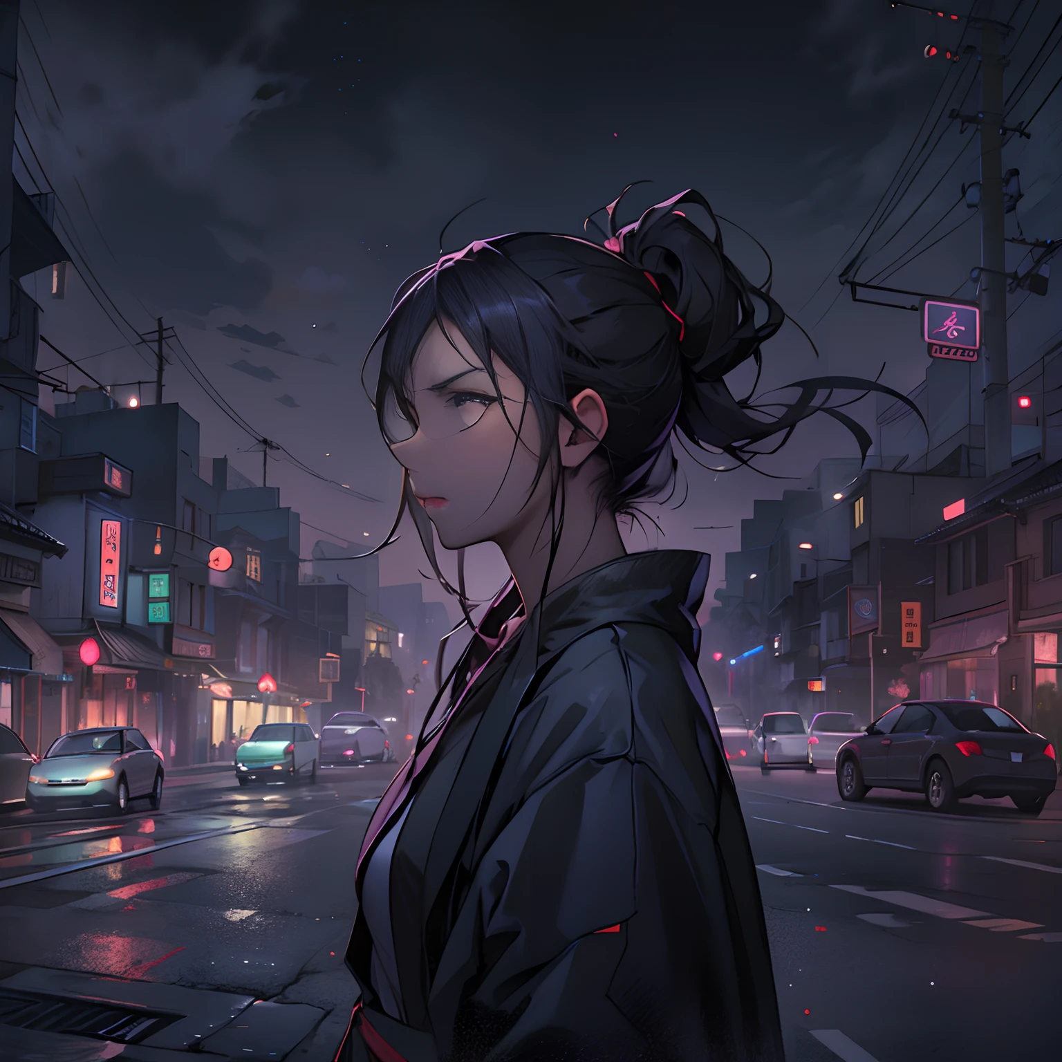 A anxious female Taoist stood at the street corner, looking ahead with a determined gaze. Behind her was a cityscape engulfed in the darkness of night, filled with an air of mystery and danger.