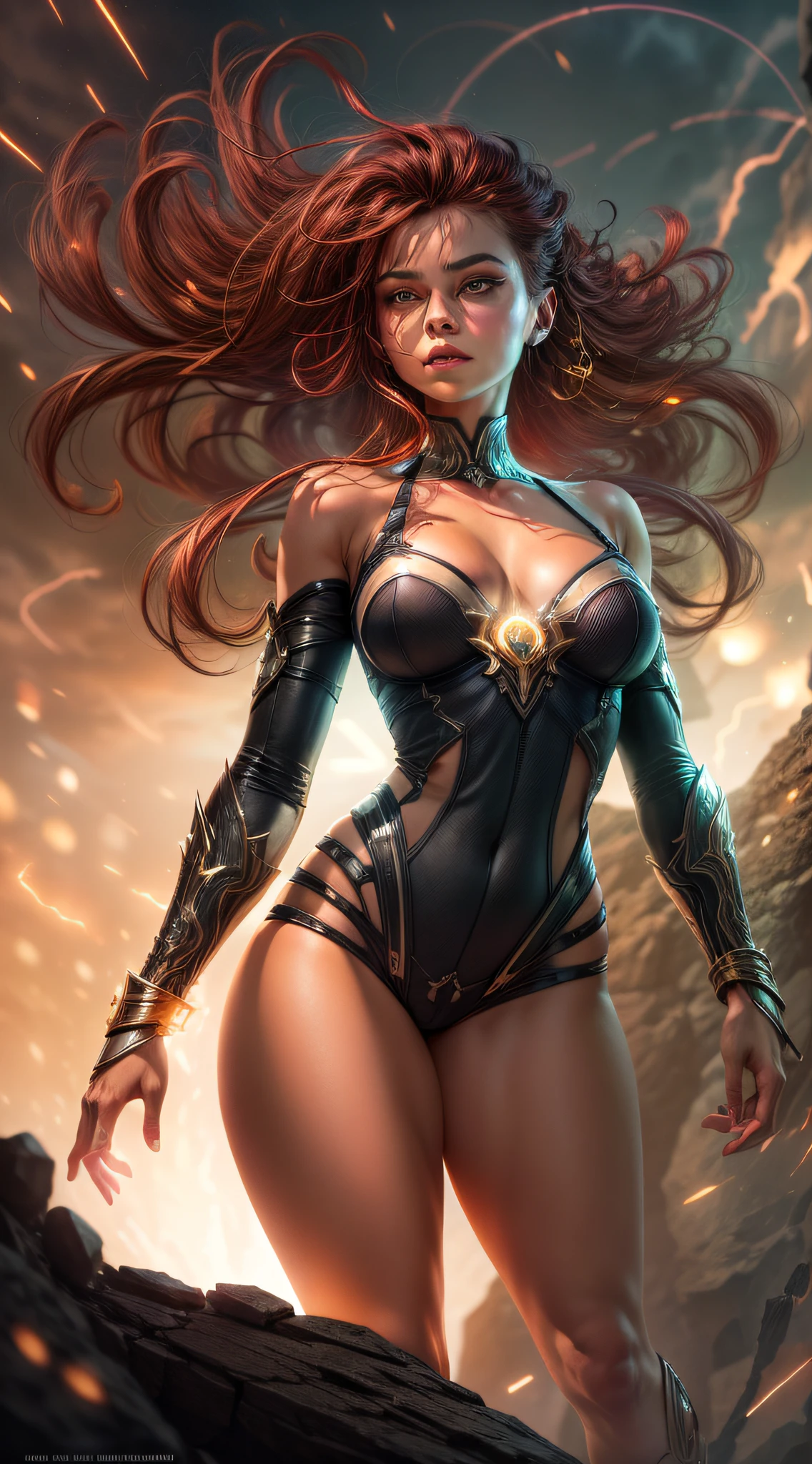 (masterpiece, best quality, high quality, high resolution: 1.4), detailed, extremely detailed, soft ambient lighting, 8K, In a world where beings have special powers, 1girl , light eyes, extremely detailed, glowing eyes, short red hair, hair with intricate luminous glowing strands, skin texture, golden skin, very large breasts, thin waist, wide hips, very beautiful and sexy, wearing bustier and micho shorts. She is standing on a rock looking at the spectator with a serious and extremely concentrated expression, an aura in the form of energy emerging from her entire body, the brightness in her eyes highlighted, the energy around her showing a gigantic porder wanting to leave her body, a body extremely well defined and very well distributed. A dark sky in a silent and dark night where the glow comes from the energy emanating from her body. Extremely detailed image, character based image of special powers.
