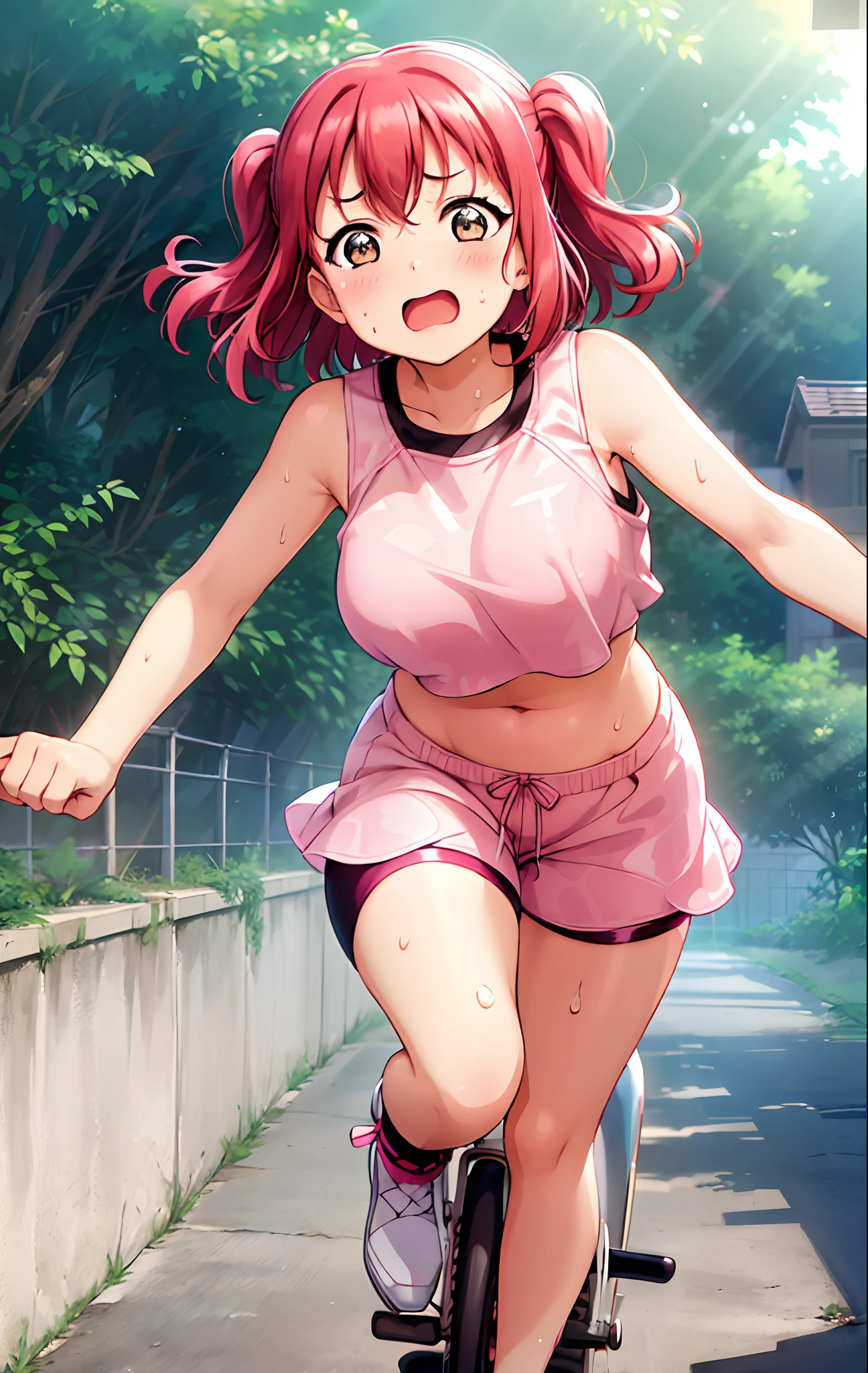 Kurosawa ruby,pink Crop top, white tight shorts,soaked in sweat,sweaty,  heavy breathing,red face,blunt hair,curvy body, riding on a bike