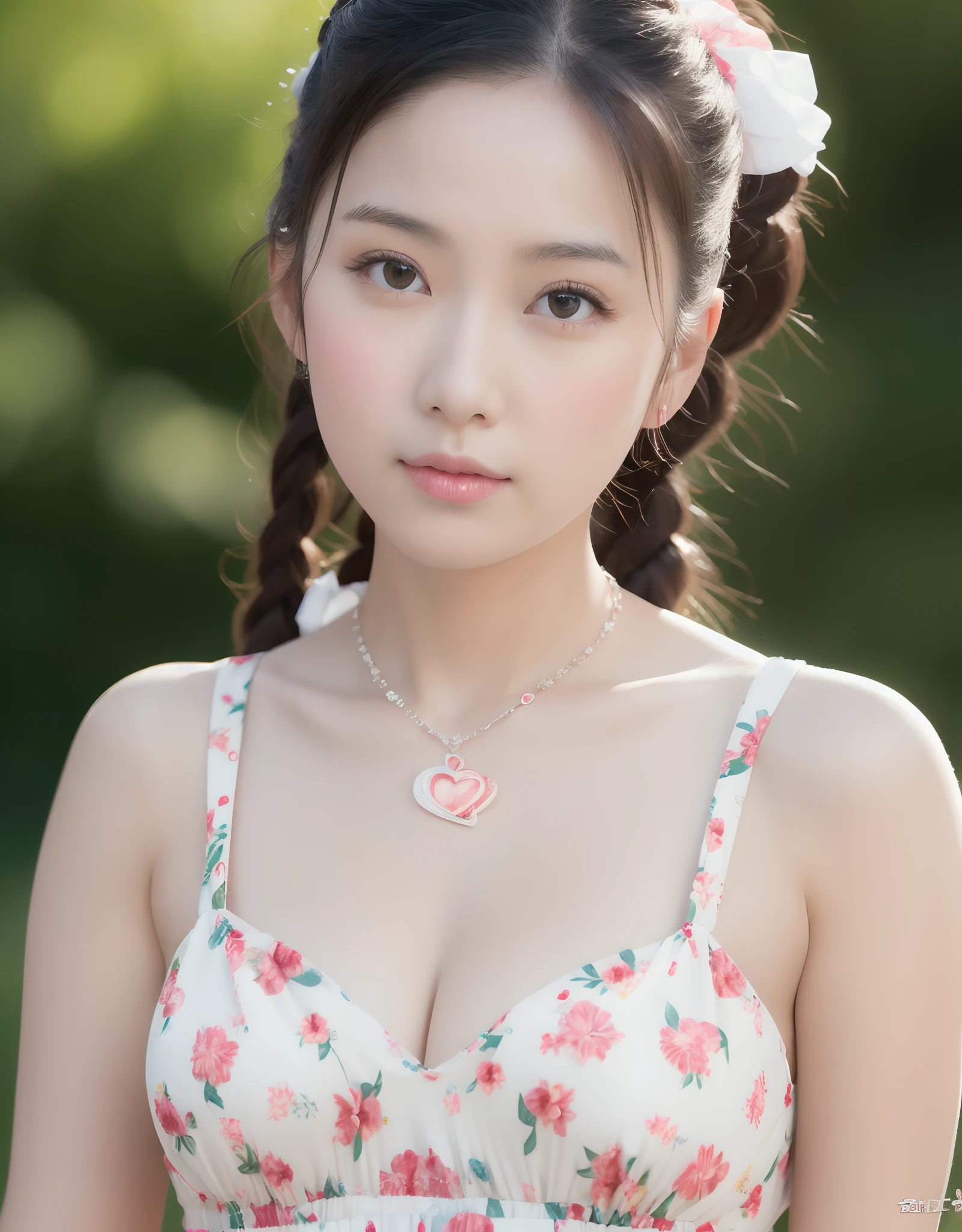 Asian girl in her 20s with porcelain skin, heart-shaped lip, Braided pigtails, Floral dress, and pendant necklaces, medium breasts, huge size, (8K, Best Quality : 1.2), (masutepiece, Photorealistic : 1.3), Super Detail, Anatomically correct
