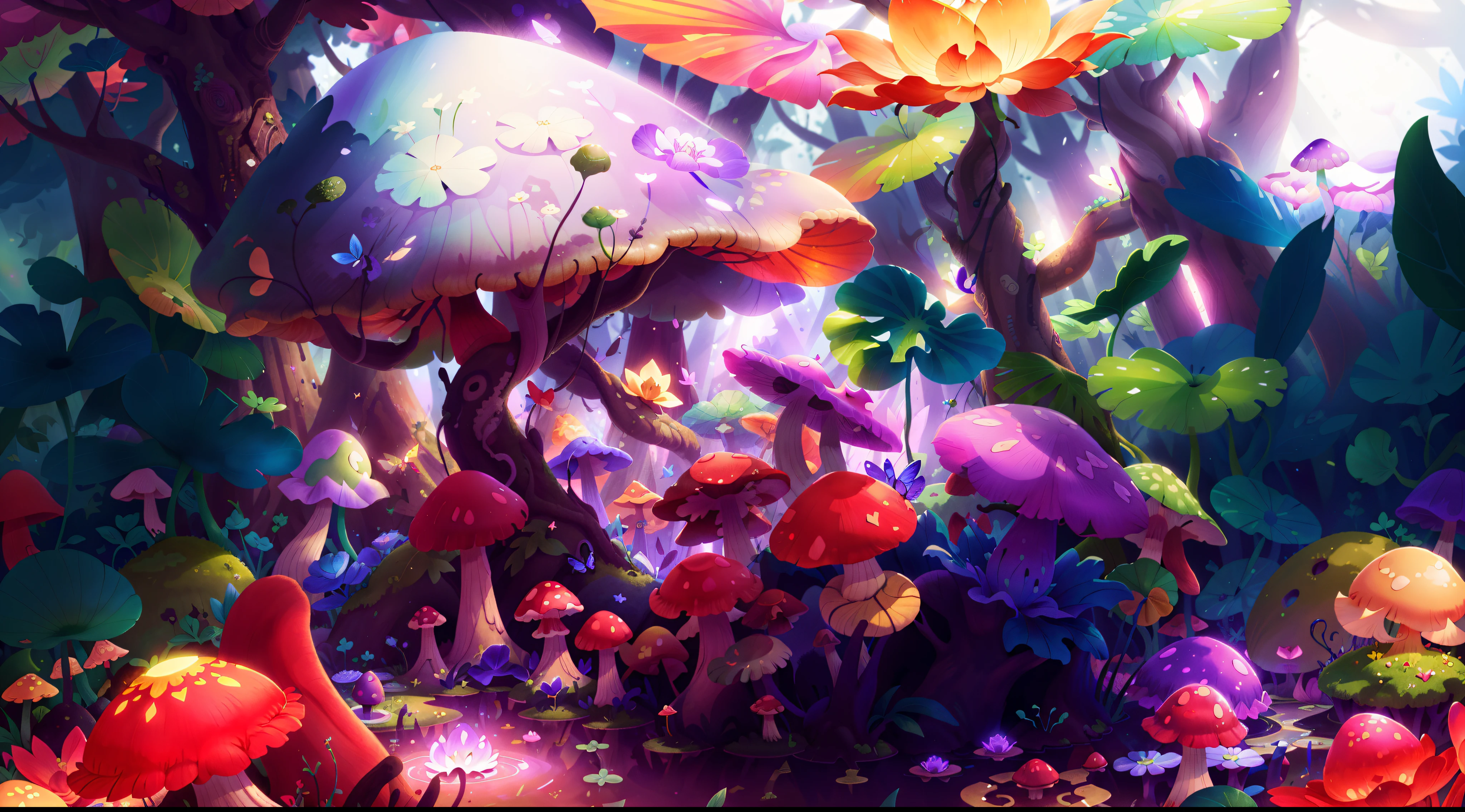 Mushroom forest with glass goblet,s fractal art,morning glory,butterflys,lotuses,four-leaf clover,morning glory,Cyber Mushroom Forest,Ultra-detailed digital fantasy art。Mushrooms are everywhere in the picture,The unique mushroom shape creates a magical casa scene