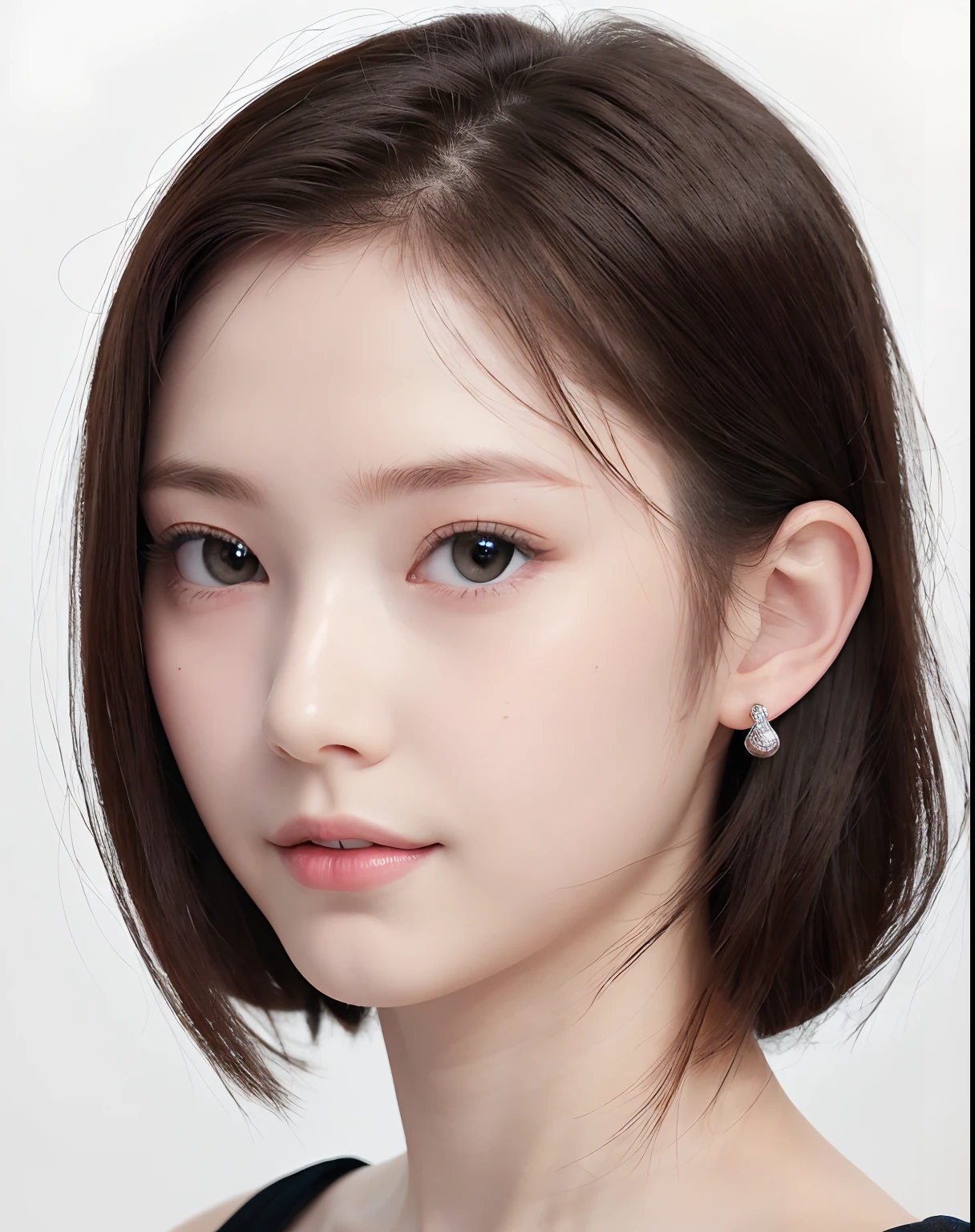 ((masterpiece, top quality, high definition)), 1 girl, (photorealistic: 1.4), solo, white background, snow-white background, mouth closed, happy smile, happy smile, pretty black hair, short hair, big eyes, clear double eyelids, eyelashes, ears out, long neck, long neck, absolute area, ((face close-up)), (drawing all head, shoulders), 19 years old, Attractive proportions, shiny skin, clean collarbone, golden ratio face, perfect face, teardrop mole, mole on chest, bangs, clean bangs, lip gloss, pale lips, pale skin, naked, big breasts, small face, small face, draw all head, draw all shoulders, from side, gaze staring at the camera
