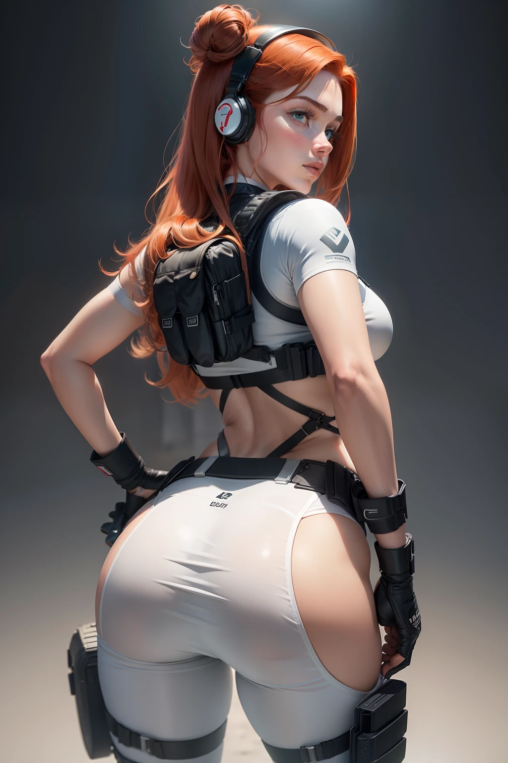 vhsKeeper, 1girl, solo, Hands on hips, bunda, kalap, looking behind, de calcinha, ruiva, fundo branco, cachecol, cabelo longo, fones de ouvido, bullet proof vest, olhando para o espectador,