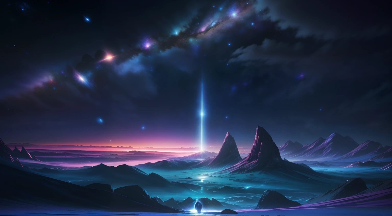 a mountainous landscape illuminated with a distant galaxy in the background, ((pessoas contemplam a paisagem)), galactic landscape, (galaxies in the sky), clouds of cosmic dust in the sky, magnificent background, epic dreamlike fantasy landscape, epic beautiful space scifi, cosmic landscape, surreal space, fantasy space, beautiful alien landscape, Sci-Fi Fantasia Desktop Wallpaper, Space landscape, paisagem de fantasia impressionante, beautiful space, stunning alien landscape, sci-fi fantasy wallpaper, Galaxies colliding