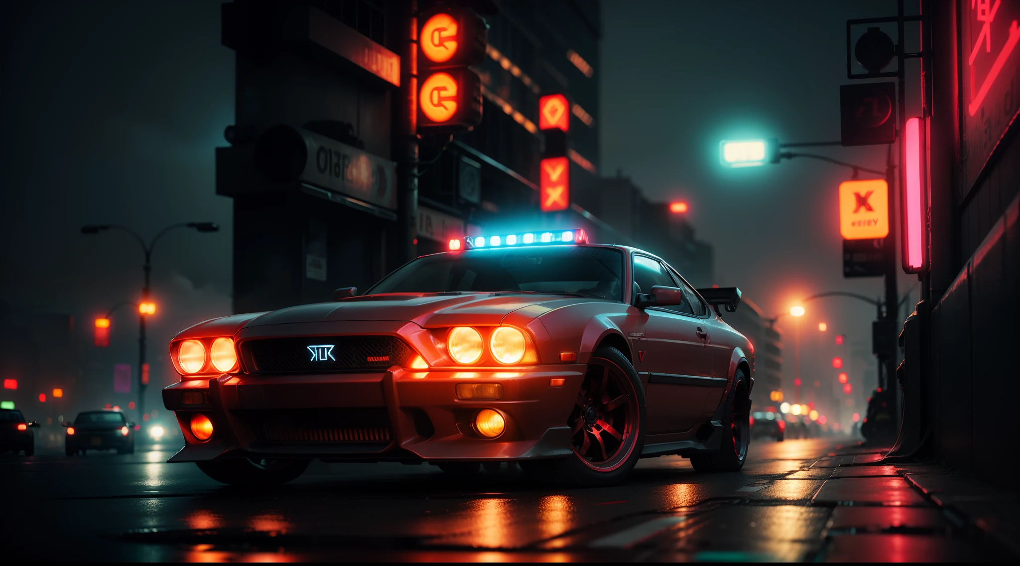 red FerFourty in cyberpunk cyberpunk city street background, neon lights, foggy street at night, bokeh, depth of field, volumetric light, gobo light, 1 car, analog, portra 800 film,