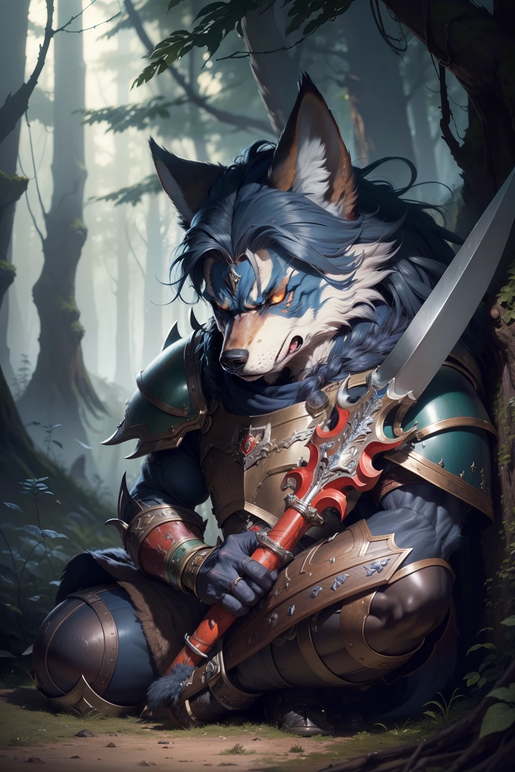 Hyperdetailed Painting, Jean-Baptiste Monge Style, Anthropomorphic wolf, knight, muscular ,detailed pupils ,dark blue hair, red and green armor, kubrik stare, pale skin, greaves, dagger, dual wielding , High Quality, Very Angry Face, Body Fitness, Full Body, Long Hair with Braids, Night in the forest with fireflies,