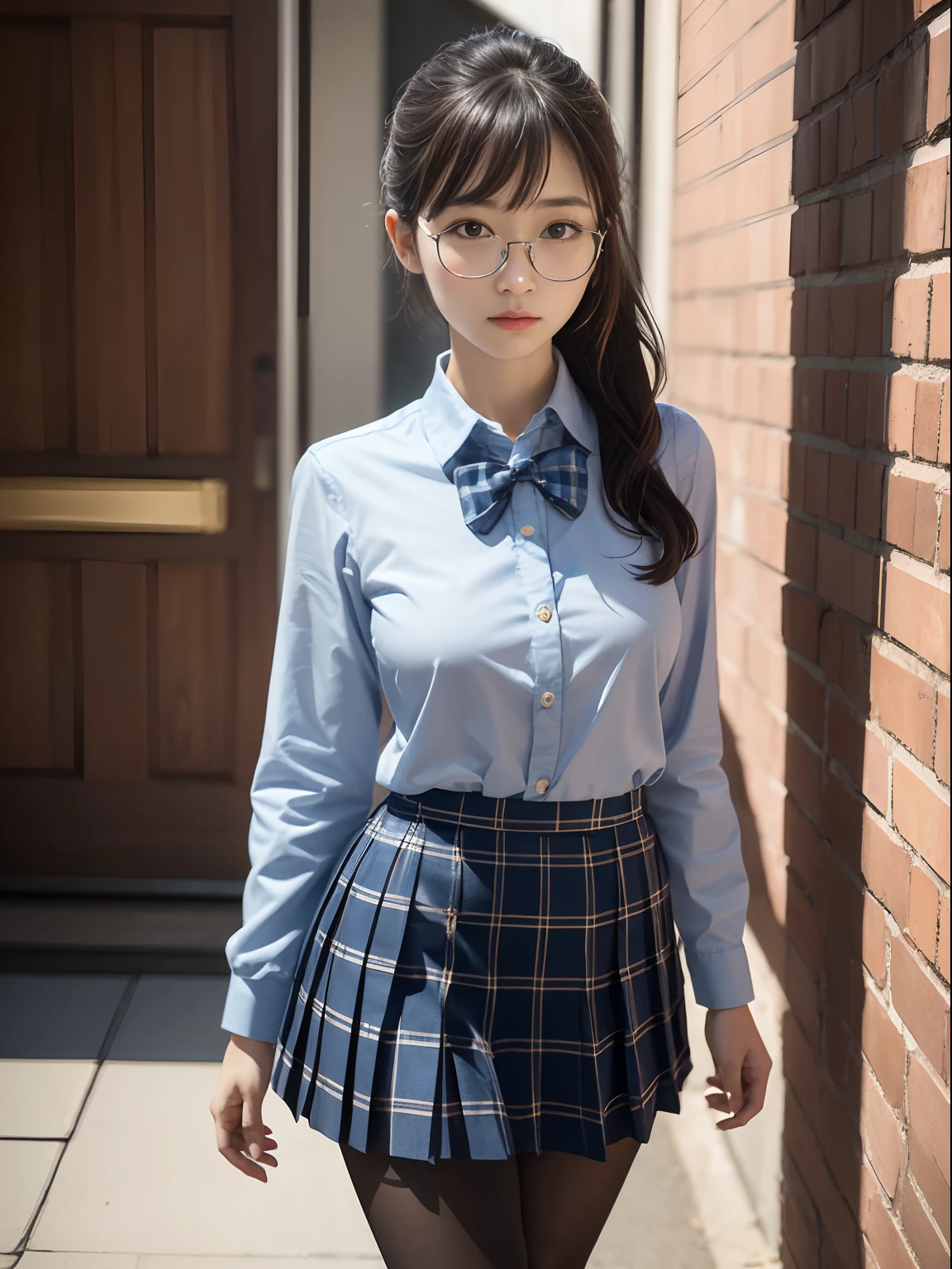 (8K、Raw photography、top-quality、masterpiece:1.2),Hanging,watching at viewers,Looking at the front,Tie a side ponytail,Letting your hair flow to your chest,Bullish,Muchimuchi,Erotic,Pupils,Light Blue Bra,de pele branca,kne,(Black pantyhose),absurderes,a small face,small tits,flat breast,Parting the bangs from the middle、Forehead visible,(a cold expression,Tight eyes,glares,Bullish,skinny,Rasping,irate)、masterpiece,top-quality、超A high resolution,Raw photo,ren,Beautiful fece,One Person, 独奏,eye glass,,Dark look,Small breasts,fullllbody,Round glasses、cute little、Back to Student,JK school uniform,hi-school girl,A Japanese Lady,is standing,(Photorealsitic:1.37)、Photon mapping,Realistic、Cute little face,Brown-eyed、Black socks、(Red bow tie)、Radio City、Physically Based Rendering、Foreground、depth of fields、Blurry background、a picture,The girls、Body,beauty legs, Long legs, Thin leg,Tie your hair into one strand on your chest,(Bangs are visible), hair, s lips, Blue_The eye, nosesoft,(Light blue shirt), (Navy and blue and white plaid pleated skirt), Knees are visible,Sheer clothing,, Thigh, Black cotton socks,Nogizaka Idol, 女優, Japanese ido