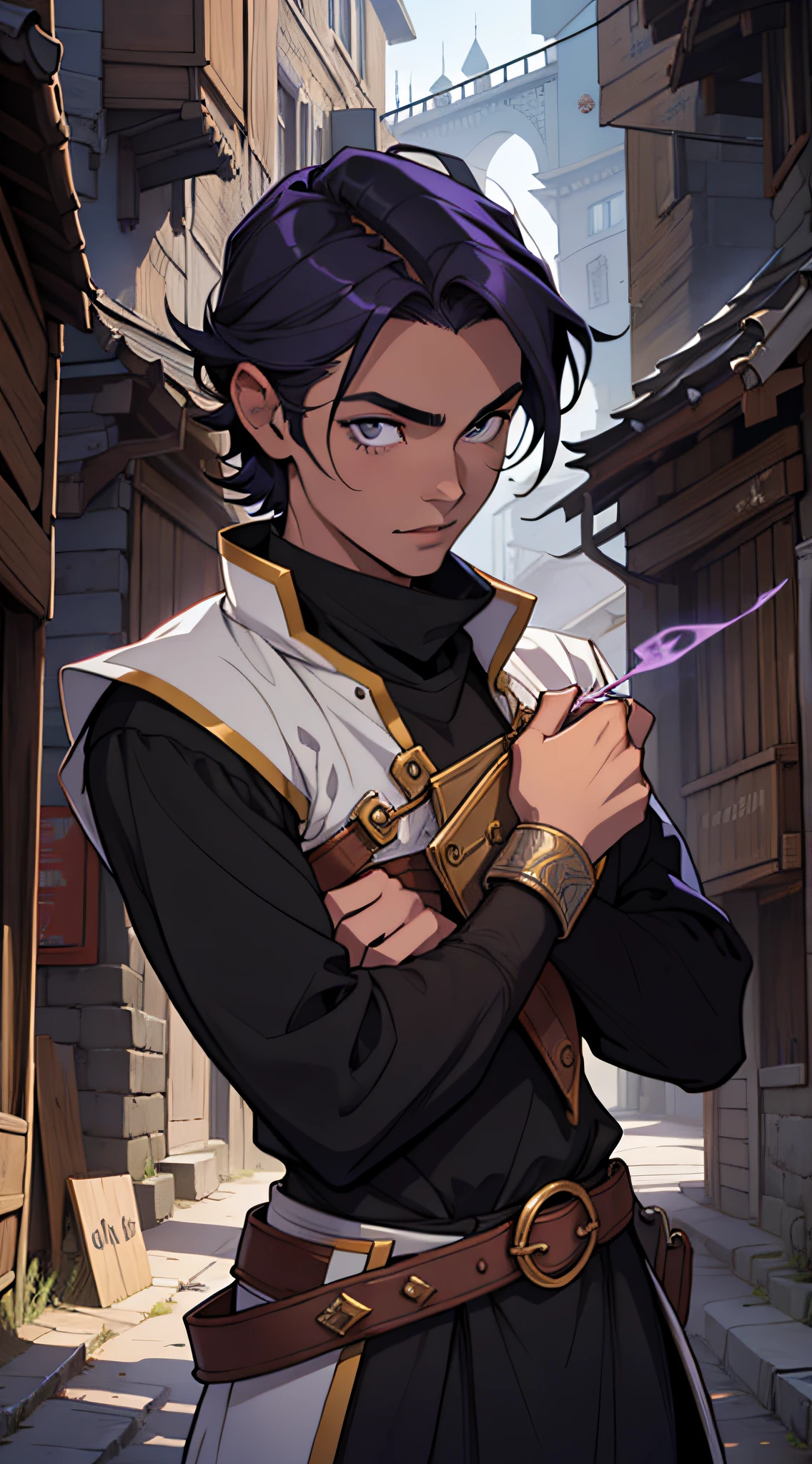 A teenager with Western characteristics, cabelo preto curto, slim build, exibindo olheiras sob os olhos, Casting Purple Magic, situado no pano de fundo de uma cidade medieval. The work features a softly lit design, Centrado, capturado usando uma Canon 80D. The pose is elegantly composed, and the portrait is softly lit with subtle lighting.