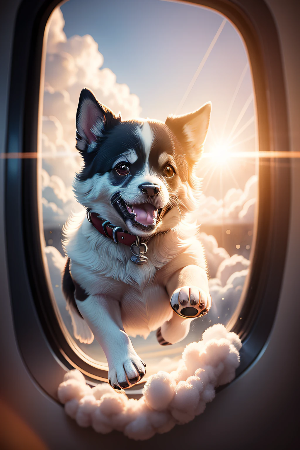 Award-winning portrait of a happy puppy flying in the clouds, Bokeh, The light from the back window is backlighted