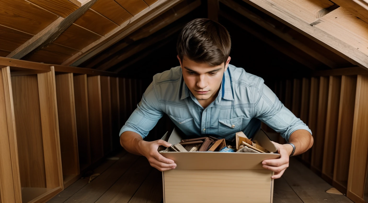 Image of a young man rummaging through an old box in the attic of his grandparents' house)