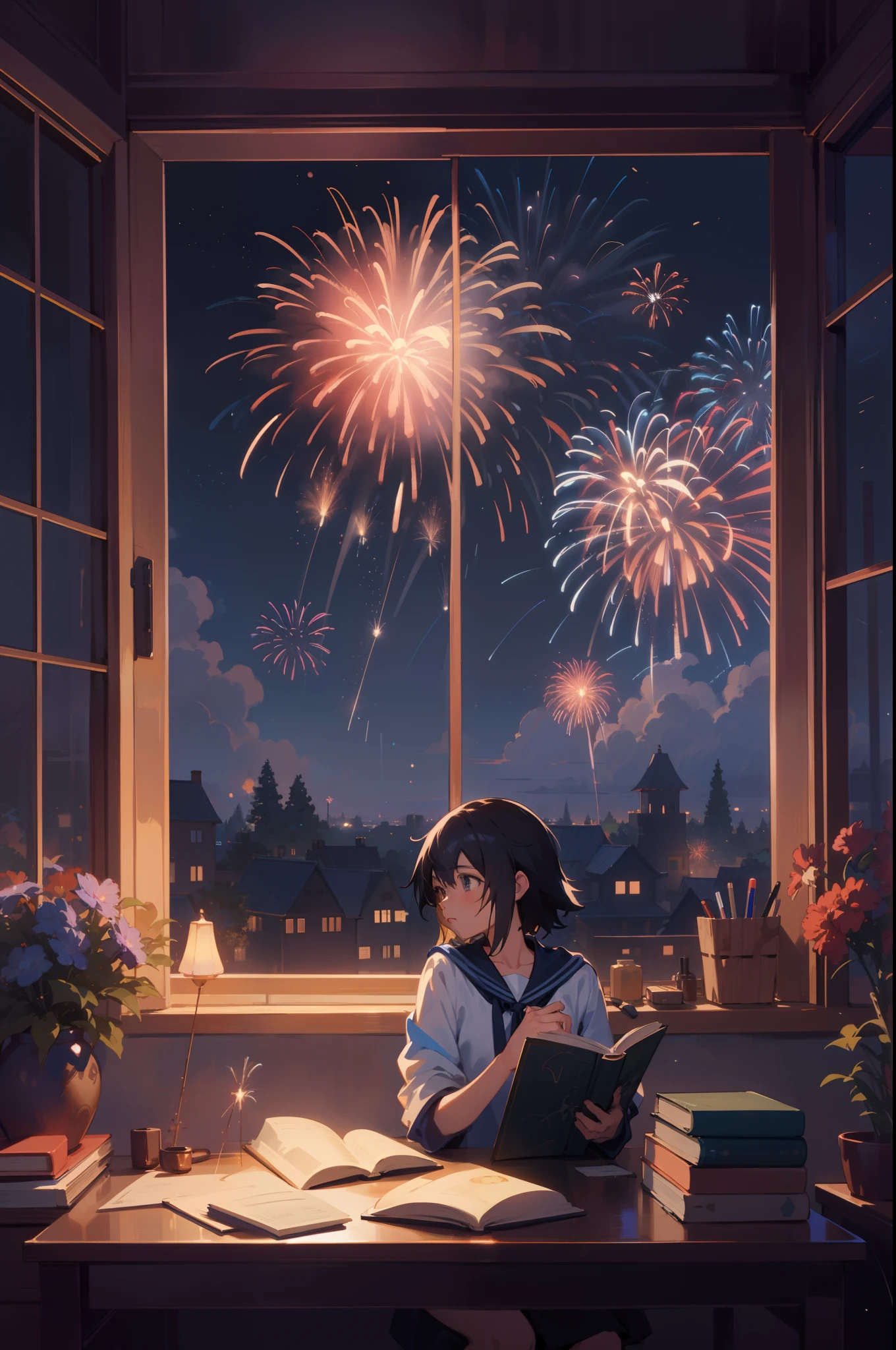 Sitting at a desk with a book and a book open、Alafed girl watching fireworks outside the window, sparklers, [ Fireworks in the sky ]!!, Fireworks, Fireworks in the background, anime art wallpaper 4k, anime art wallpaper 4k, Anime Background Art, Anime art wallpaper 8k, anime style 4 k, makoto shinkai cyril rolando