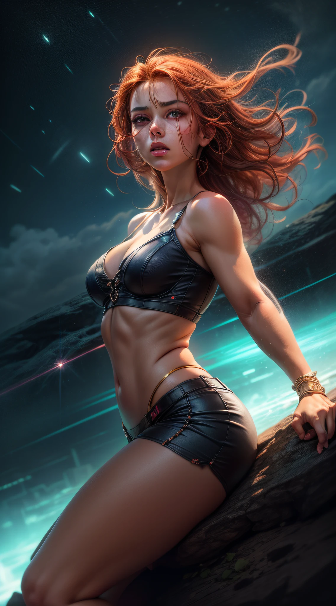 (masterpiece, best quality, high quality, high resolution: 1.4), detailed, extremely detailed, soft ambient lighting, 8K, In a world where beings have special powers, 1girl , light eyes, extremely detailed, glowing eyes, short red hair, hair with intricate luminous glowing strands, skin texture, golden skin, very large breasts, thin waist, wide hips, very beautiful and sexy, wearing bustier and micho shorts. She is standing on a rock looking at the spectator with a serious and extremely concentrated expression, an aura in the form of energy emerging from her entire body, the brightness in her eyes highlighted, the energy around her showing a gigantic porder wanting to leave her body, a body extremely well defined and very well distributed. A dark sky in a silent and dark night where the glow comes from the energy emanating from her body. Extremely detailed image, character based image of special powers.