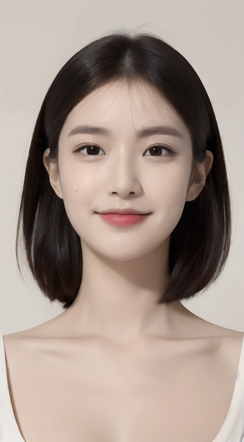 ((masterpiece, top quality, high definition)), one girl, (photorealistic: 1.4), solo, white background, snow-white background, ((from above, slightly above, looking up at the viewer, looking up, looking up at the camera, staring at the camera)), mouth closed, happy smile, happy smile, happy smile, pretty black hair, short hair, big eyes, clear double eyelids, eyelashes, ears out, long neck, long neck, absolute area, (draw all head, shoulders), 19 years old, attractive proportions, shiny skin, clean collarbone, face in golden proportions, perfect face, tearful mole, mole on chest, bangs, clean bangs, lip gloss, thin lips, fair skin, naked, big breasts, small face, small face, draw all head, draw all shoulders,