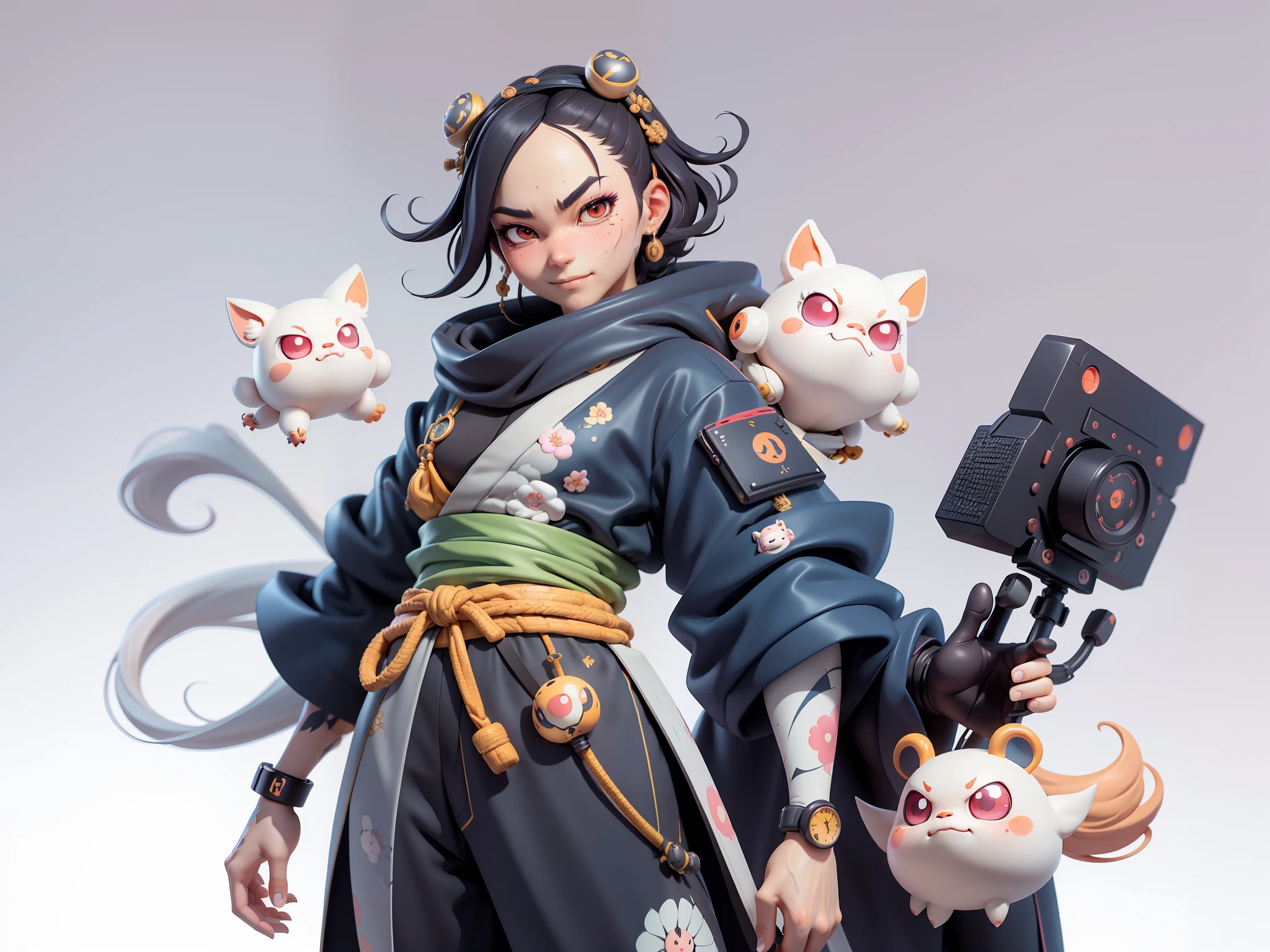 (Daisaku),(Need),(Super meticulous),(full bodyesbian:1.2),Japanese ukiyo-e girl,japanese geisha,Beautiful,Oriental dragon,Aeolian Thor,Raised sexy,爆乳,Oriental face,TV Anchor,Bust portrait illustration,Alone,In black suit,a blue tie,The face is slightly chubby,The face was clean,without a beard,Black super short hair,Black eyes,Smile confidently,3C computer sub-products,iPad, iphone,Digital painting,3D character design by Mark Clairen and Pixar and Hayao Miyazaki and Akira Toriyama,The illustration is a high-definition illustration in 4K resolution,With very detailed facial features and cartoon-style visuals。