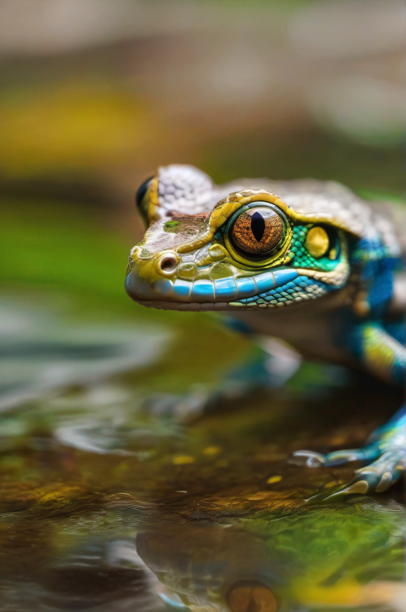 imagen intrincada llena de detalles, 8k, Unique work, rana multicolor, piel de reptil detallada, ojos detallados, cuerpo detallado, piel definida, cerca a un lago, mezcla de bosque y paisaje natural en perfecta coexistencia, luz fuerte y brillante