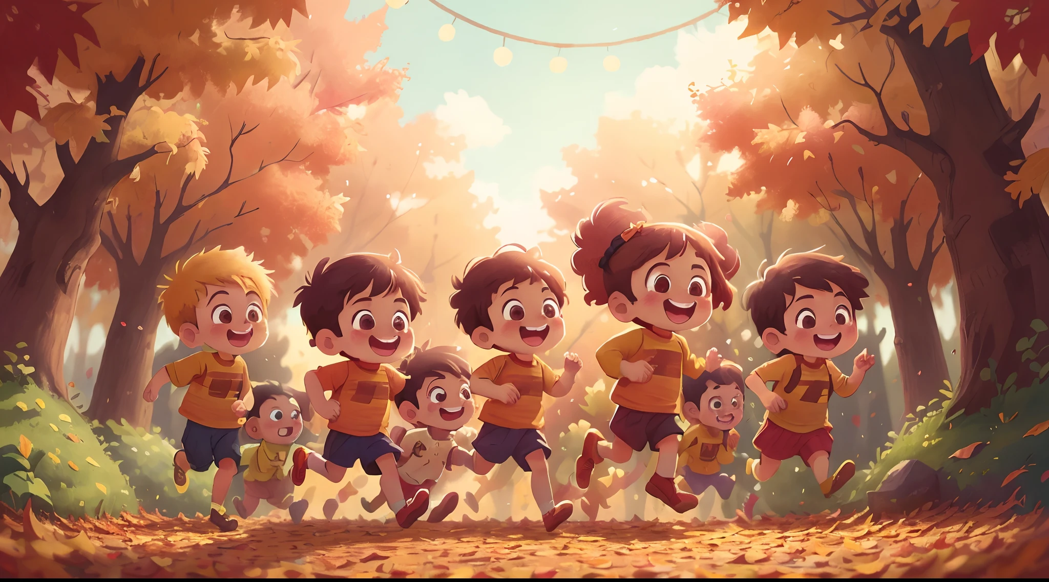 Children running and jumping in a bunch of dry autumn leaves, laughed a lot, creating a cheerful and warm atmosphere, happy, autumn, perfect quality, Sharp focus, realistic, best quality, skin, detailed, 8k, big eyes, draw, design.