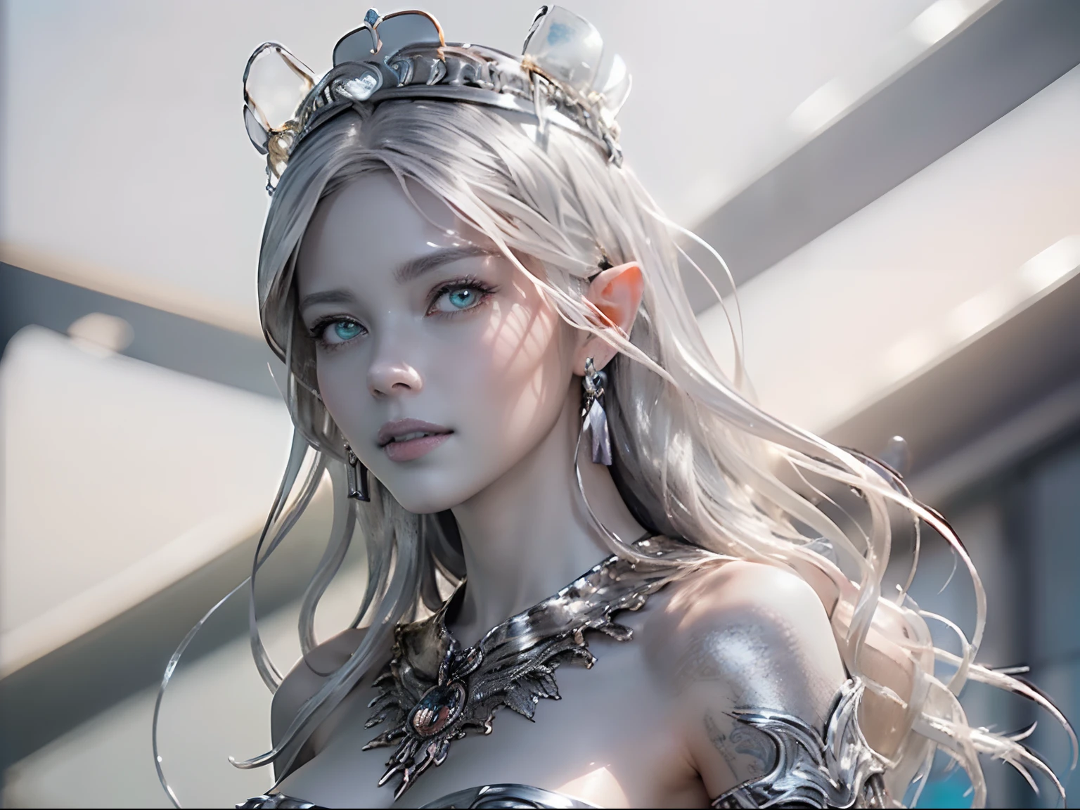 Ultra-detailed complex 3D rendering of the face, (masterpiece, top quality, octane rendering,), glamour shots full body image, very beautiful young elves, cleavage, (highly detailed skin: 1.2), (exposure: 1.1), ((blue micro bikini: 1.95)))). , 8k, (((very soft breasts)), (((conspicuous large pink areola)), beautiful Caucasian woman with white skin with full soft breasts with big buttocks, one, long braided hair, big breasts, dynamic angles, (((huge breasts: 2.4)), ultra-realistic photos, ((((((silver hair)))), futuristic urban background, facial muscles, (((((detailed and glamorous silver crown)))), In the style of Marvel Comics, ArtStation Trends, Clear Focus, Intricate Details, Very Detailed, Detailed Green Eyes, Sharp Focus, Digital Rendering, Professional, Abs, Lip Gloss, Glossy Skin, Sexy Pose, Golden Tattoo All Over Body, Silver Pattern All Over Body, Silver Lame Skin, Gold Glitter Skin, Mansuji, Buttocks, Jeweled All Over the Body, with silver scales, silver hair,