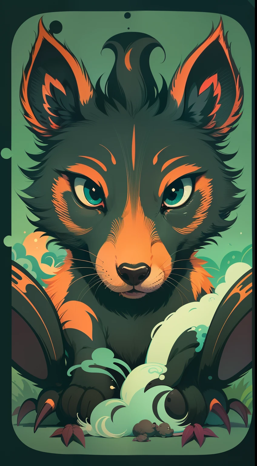 Create a vibrant dark fantasy cute animal in a clean-lined minimalistic cartoon style.