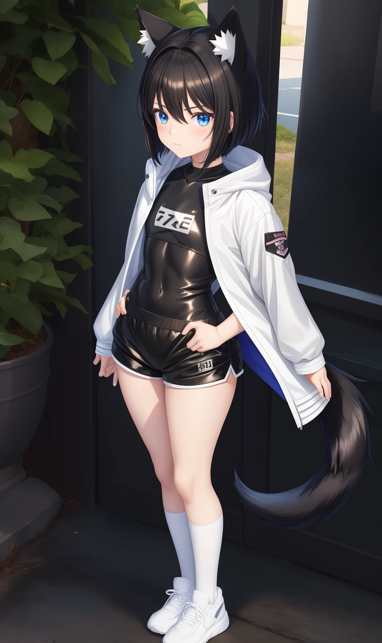 anime loli, loli, lolicon, small body, flat chest, short hair, black hair, blue eyes, wolf ears, wolf tail, standing, white jacket, black top, black shorts, white socks, black sneakers, black gloves , kawaii look, thick thighs, anime girl, dam senary