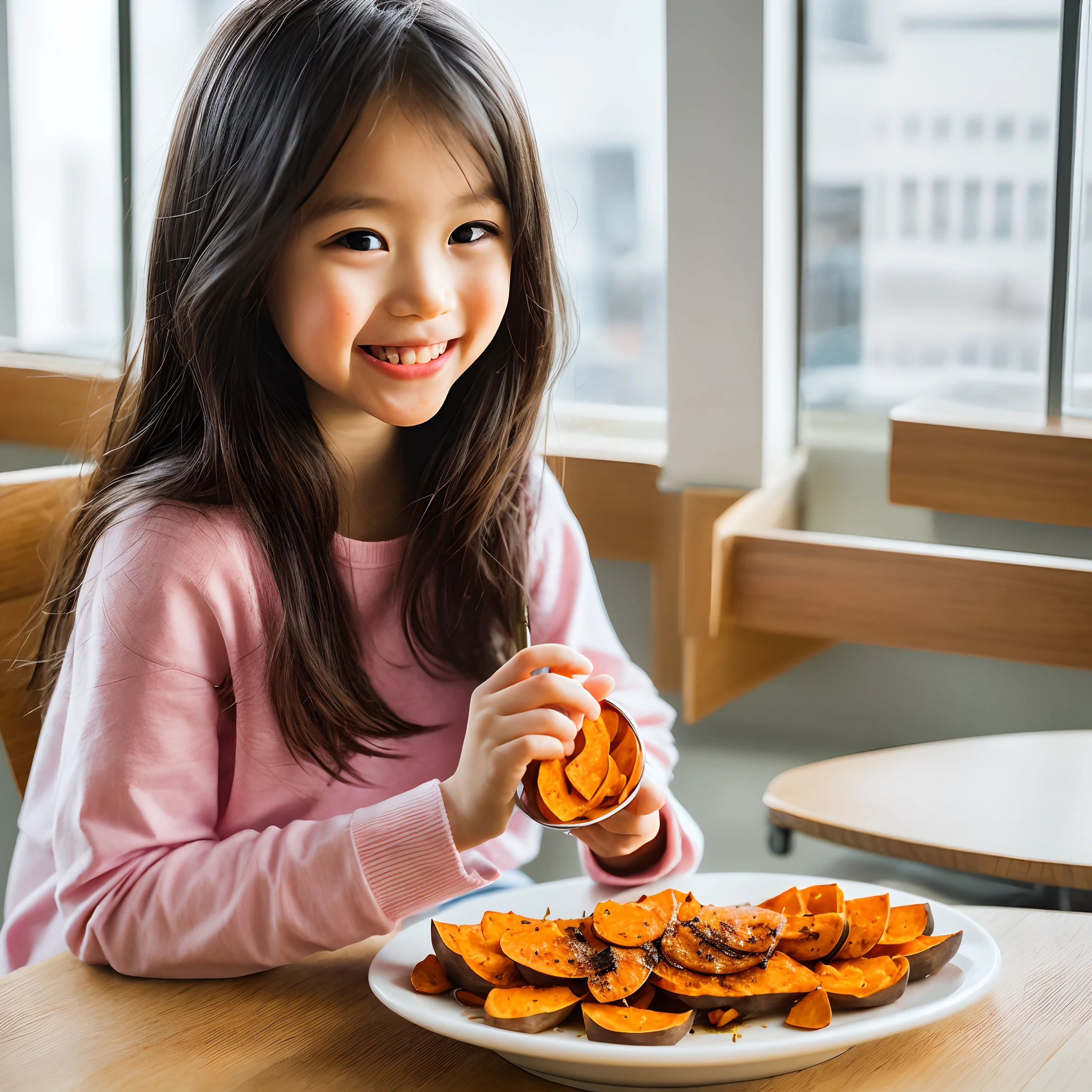 A happy  girl, eating sweet potato, in office, natural light, in the morning