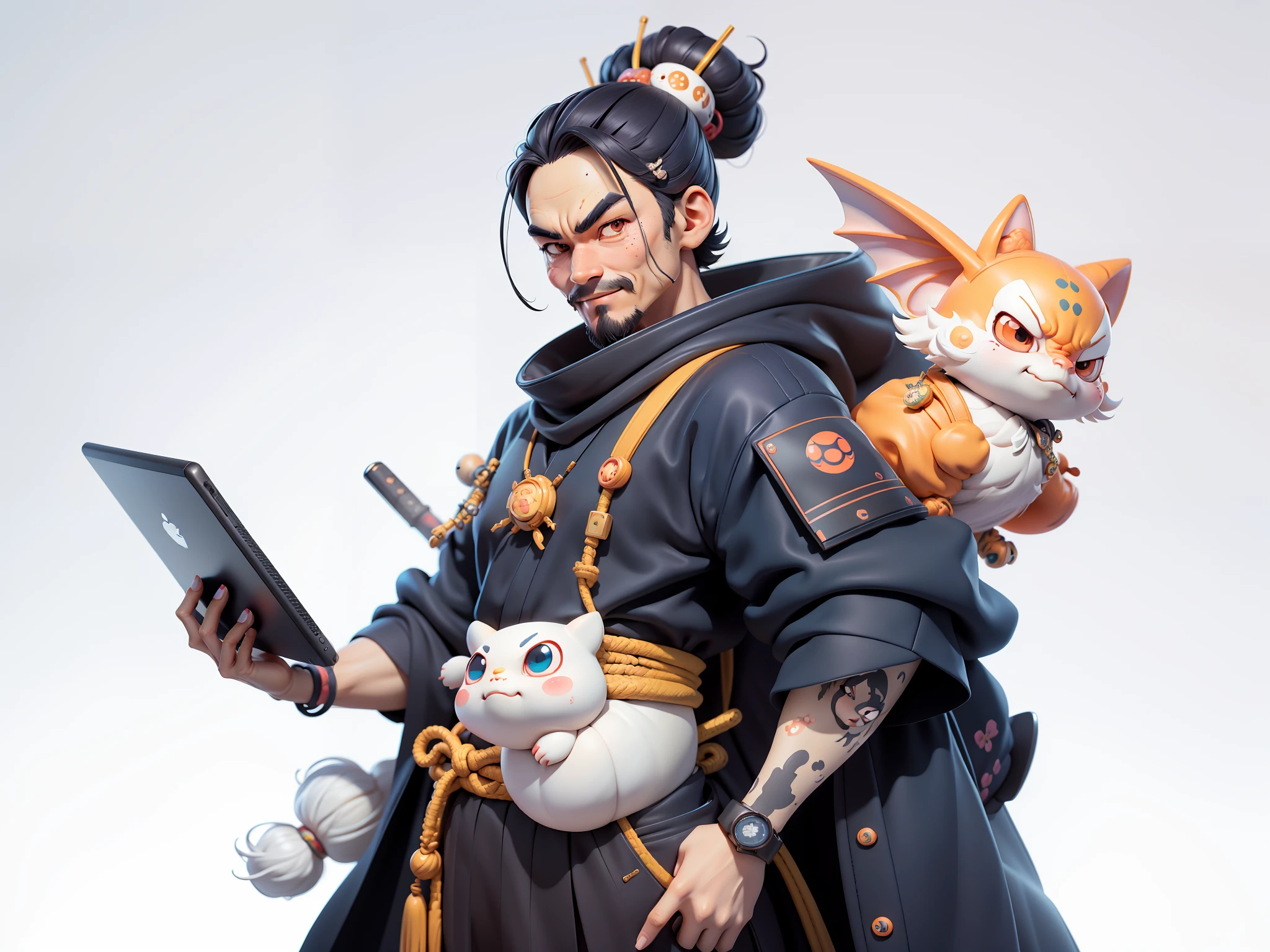 (Daisaku),(Need),(Super meticulous),(full bodyesbian:1.2),Japanese ukiyo-e girl，japanese geisha，Beautiful，Oriental dragon，Aeolian Thor，Raised sexy，爆乳，Oriental face，TV Anchor，Bust portrait illustration，Alone，In black suit，a blue tie，The face is slightly chubby，The face was clean，without a beard，Black super short hair，Black eyes，Smile confidently，3C computer sub-products，iPad， iphone，Digital painting，3D character design by Mark Clairen and Pixar and Hayao Miyazaki and Akira Toriyama，The illustration is a high-definition illustration in 4K resolution，With very detailed facial features and cartoon-style visuals。