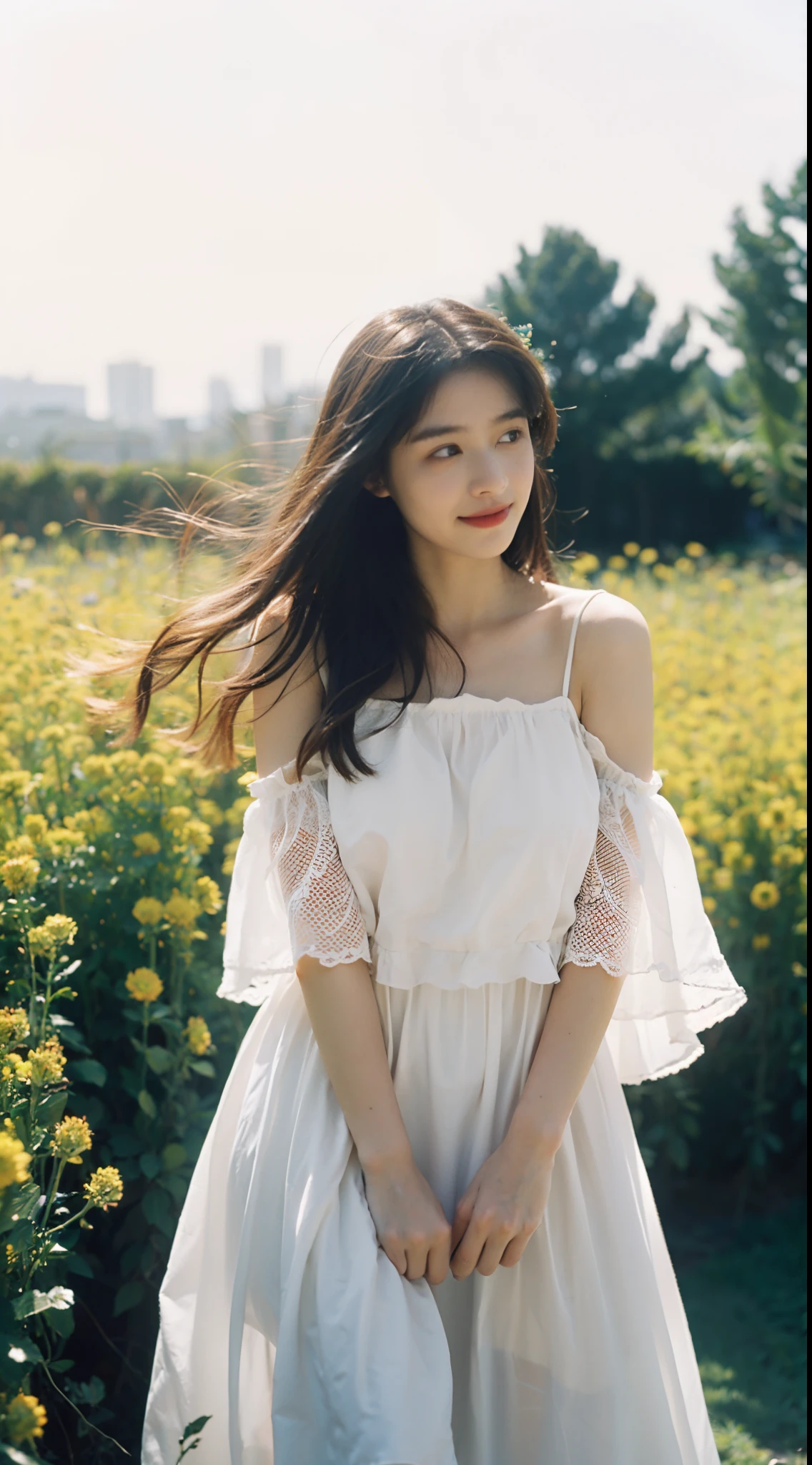 (top-quality,8K,tmasterpiece:1.3)Poetic shots,Hazy light and shadow,aestheticism,Melancholic movies,(overcast day),1girll,sideface,Overlooking,ssmile,Golden hair,Long hair curled slightly,emotive depth,white dresses,florals,flower field,rosette,full bloom,