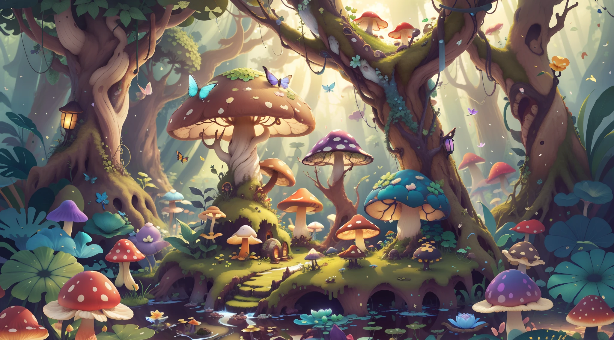 Mushroom forest with glass goblet，s fractal art，morning glory，butterflys，lotuses，four-leaf clover，morning glory，Cyber Mushroom Forest，Ultra-detailed digital fantasy art。Mushrooms are everywhere in the picture，The unique mushroom shape creates a magical casa scene