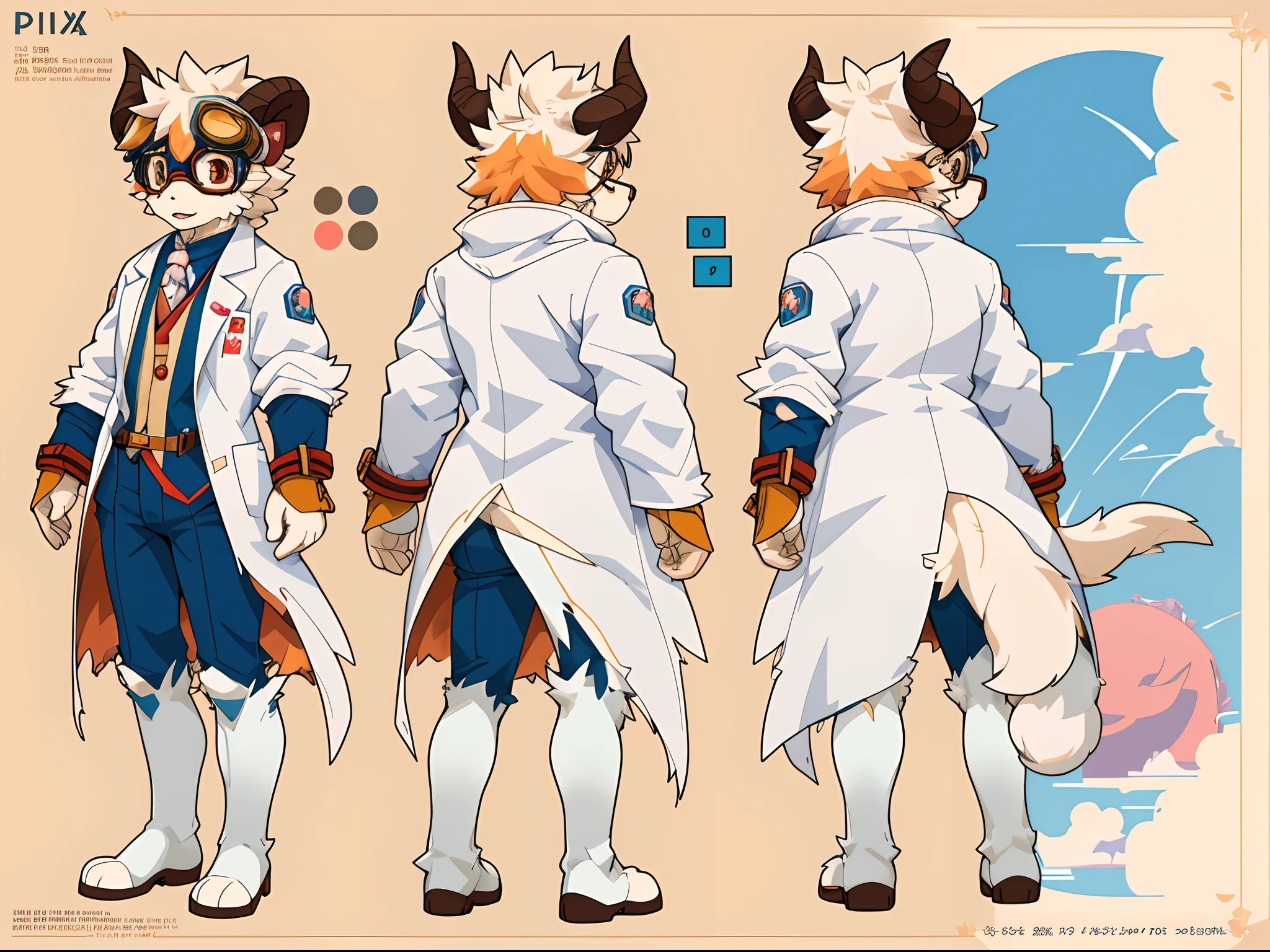 {Character Design Reference Sheet}, trending on pixiv, (masterpiece), (anime), (furry), (solo), (skinny biological scientist professor: multi coloured skinny sheep with demon horns and dressed with a white coat and goggles.), (small build), (tail), (fur paws), (round butt), (from behind), torn clothes, revealing skin, revealing butt