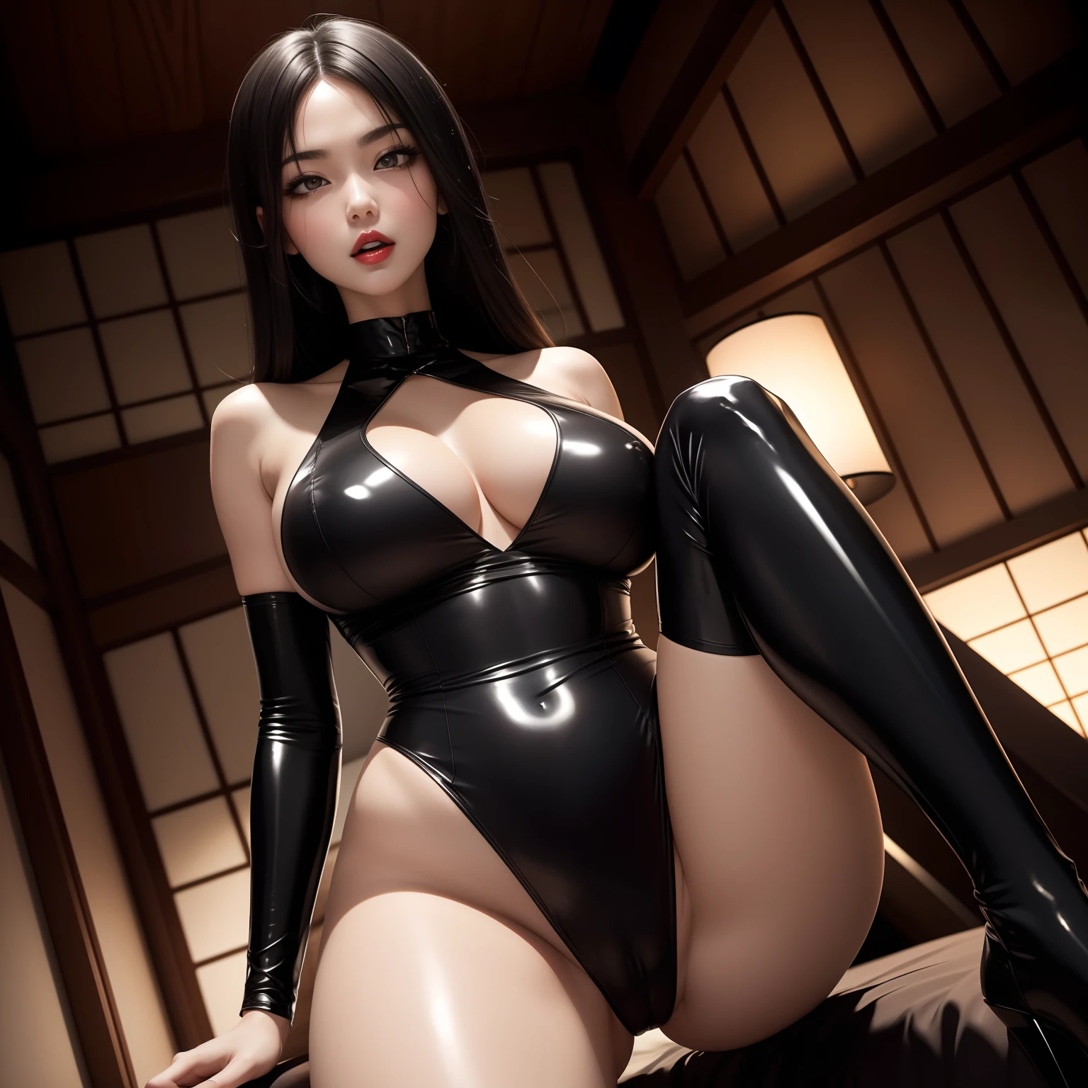 view from directly below, open your legs wide, standing, super high image, super detail, high resolution, anime, manga, illustration, beautiful woman, adult face, ecstatic expression, amorous expression, seductive look, glossy black straight hair, hair over one eye, sharp slit sparkling big black eyes, alluring moist red lips, huge breasts, under boob, great proportion, perfect proportion, slender, full body, black bodysuit, Japanese-style room
