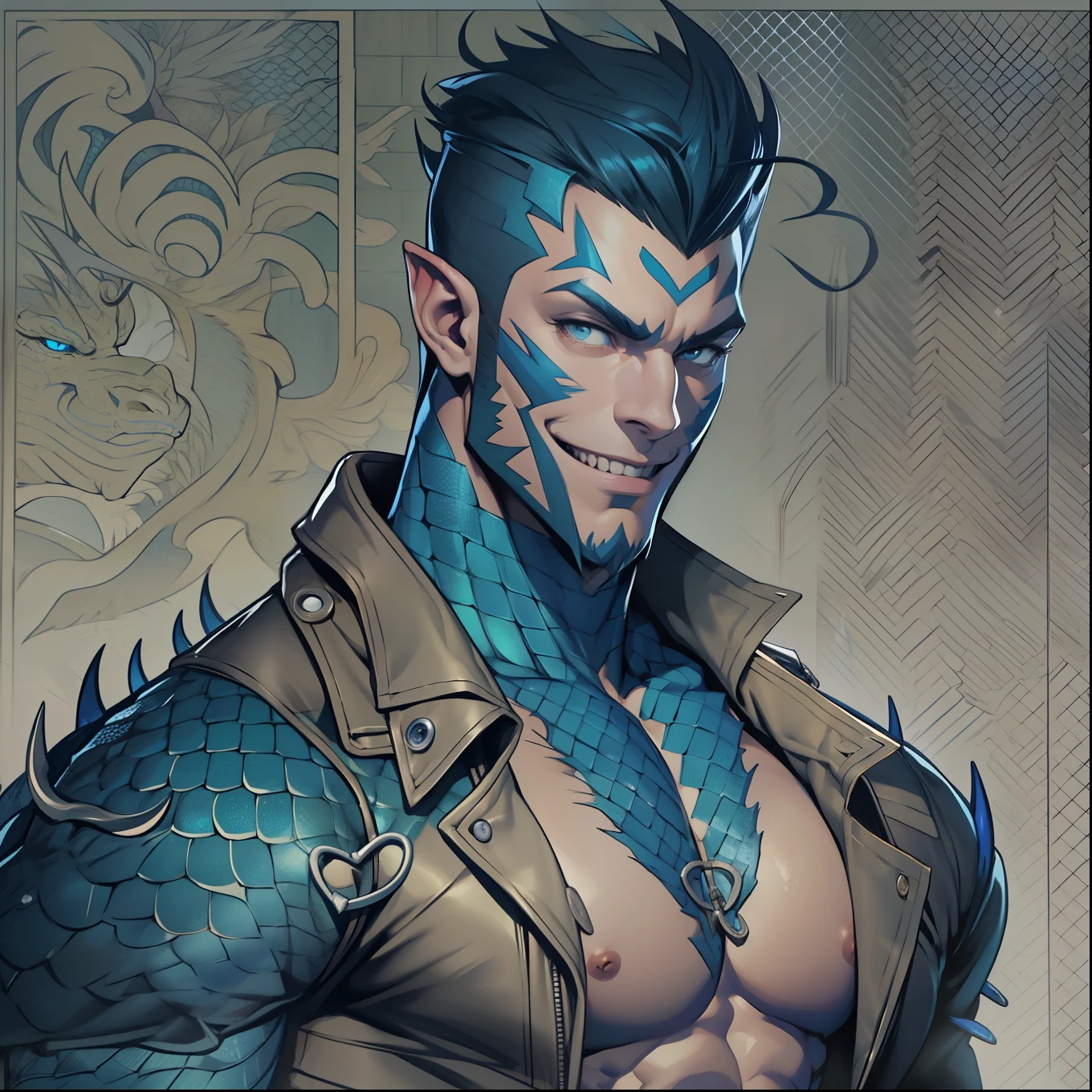 muscular male with black slick pompadour haircut, wearing a leather trench coat, has blue scaled dragon arms, has blue dragon horns, has blue dragon scales on chest, grinning, shirtless