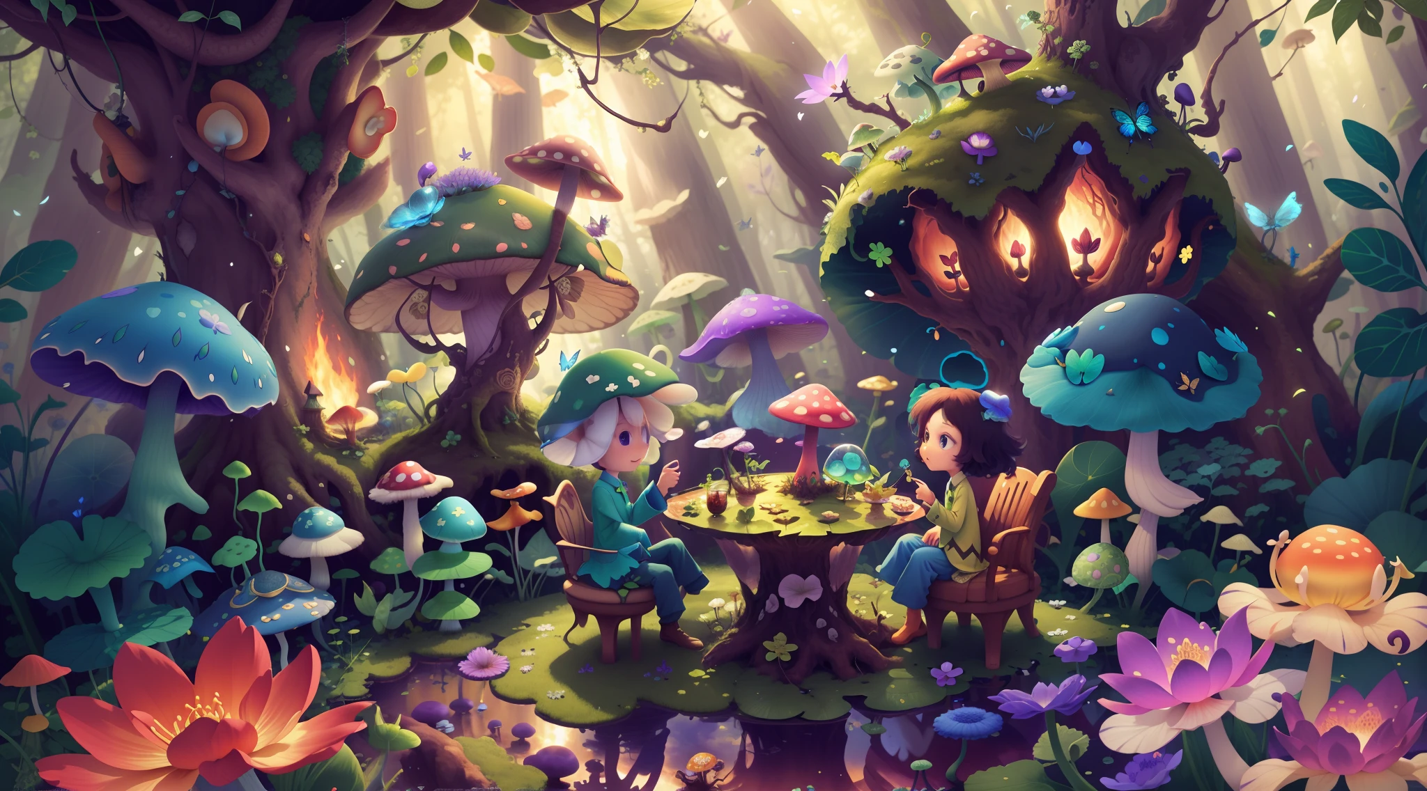 Mushroom forest with glass goblet,s fractal art,morning glory,butterflys,lotuses,four-leaf clover,morning glory,Cyber Mushroom Forest,Ultra-detailed digital fantasy art。Mushrooms are everywhere in the picture,The unique mushroom shape creates a magical casa scene