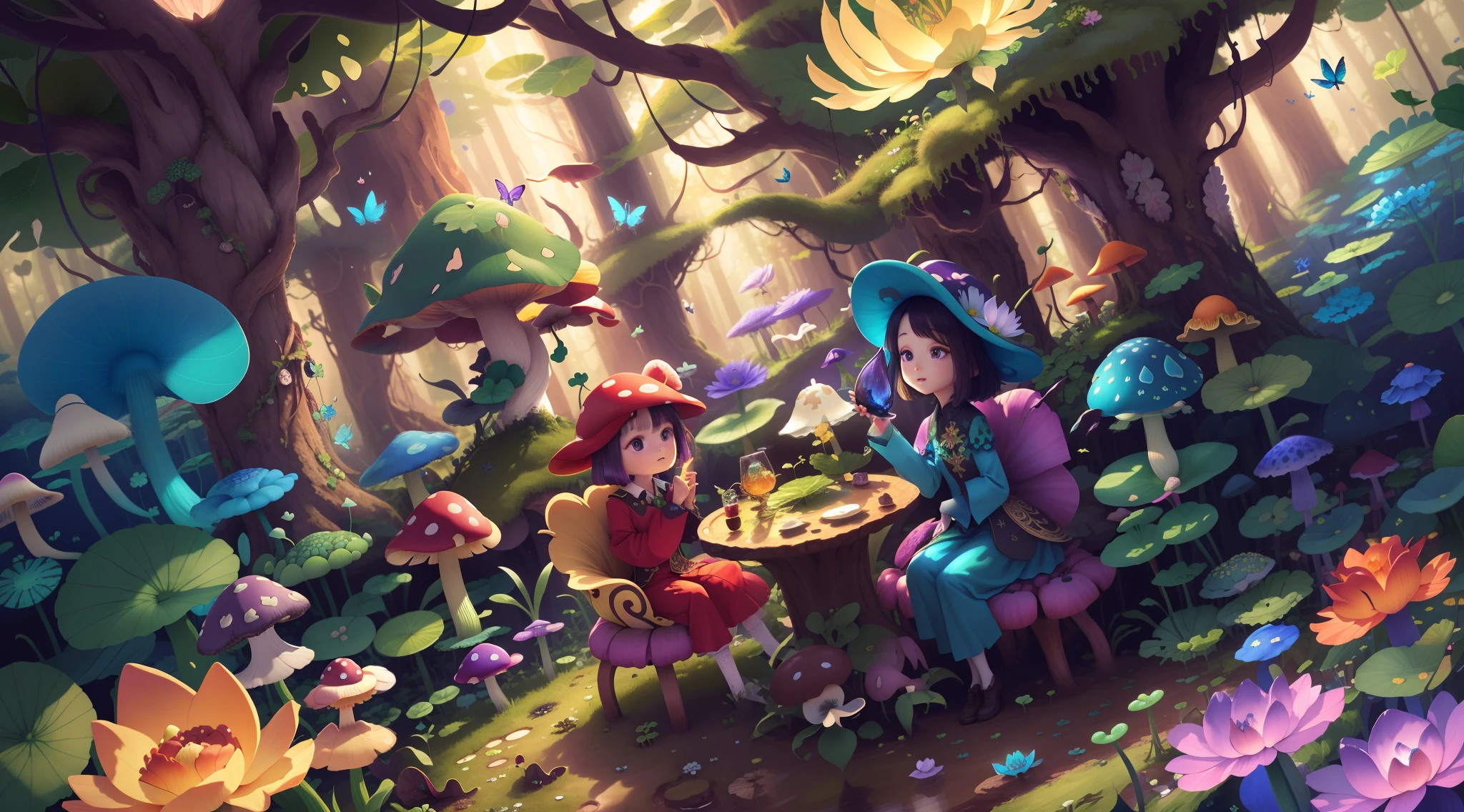 Mushroom forest with glass goblet，s fractal art，morning glory，butterflys，lotuses，four-leaf clover，morning glory，Cyber Mushroom Forest，Ultra-detailed digital fantasy art。Mushrooms are everywhere in the picture，The unique mushroom shape creates a magical casa scene