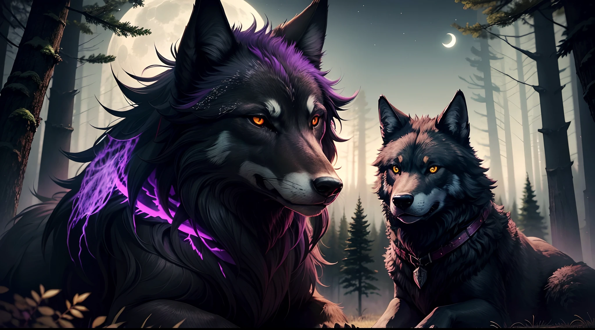 wolf,black fur with tints of purple, watching a big griffin black with tints of red flying above the wolf, they are friends, overlooking a moon lite forest, leavs on forest trees glowing green, portrait,