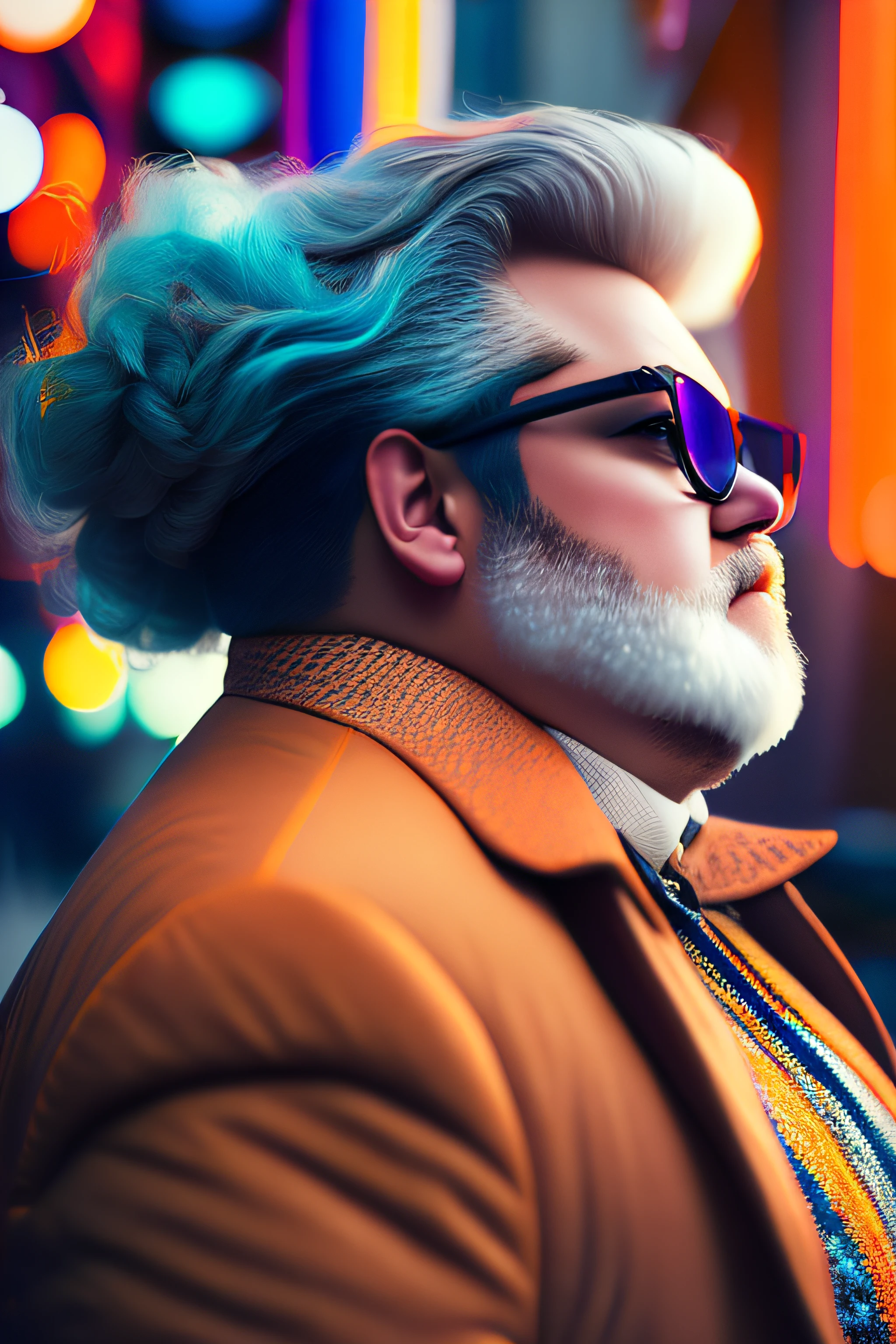 (fashionista portrait fat and very old american man, 1950s with intricate colorful modern bright colored glasses), colorful fluffy hair, serious expression (extremely detailed digital photography: 1.2), standing in the middle of the city, ((((full body)))), raw image,, Hasselblad, 50asa, f8, 12mm, glow effects, godrays, hand drawn, render, 8k, octane render, cinema 4d, blender, dark,  atmospheric 4k ultra detailed, sensual cinematic, sharp focus, humorous illustration, great depth of field, masterpiece, colors, 3d octane rendering, 4k, concept art, trend in artstation, hyperrealistic, vivid colors, rim light, extremely detailed CG 8k wallpaper unit, trend in ArtStation, trend in CGSociety, Pop Art style by Erik Madigan Heck, Intricate, High Detail,  dramatic, pure energy, light particles, sci-fi
