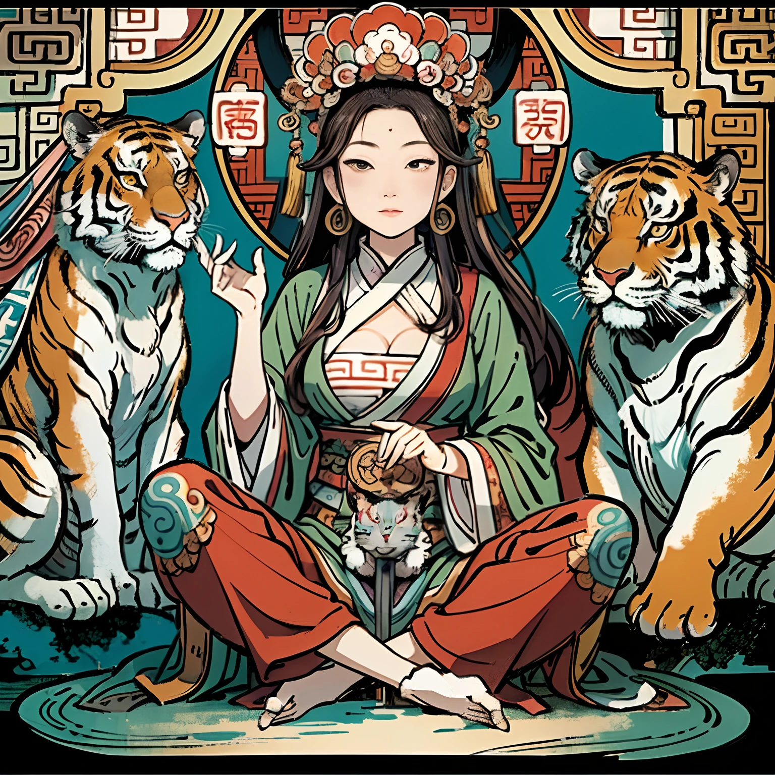an ancient Chinese goddess, guanyin of the southern seas, Guanyin, Inspired by India, Avalokiteshvara rides a tiger,Serene expression,shui mo hua,Buddha,Buddhist,Lotus,Chinese painting style,Thangka style