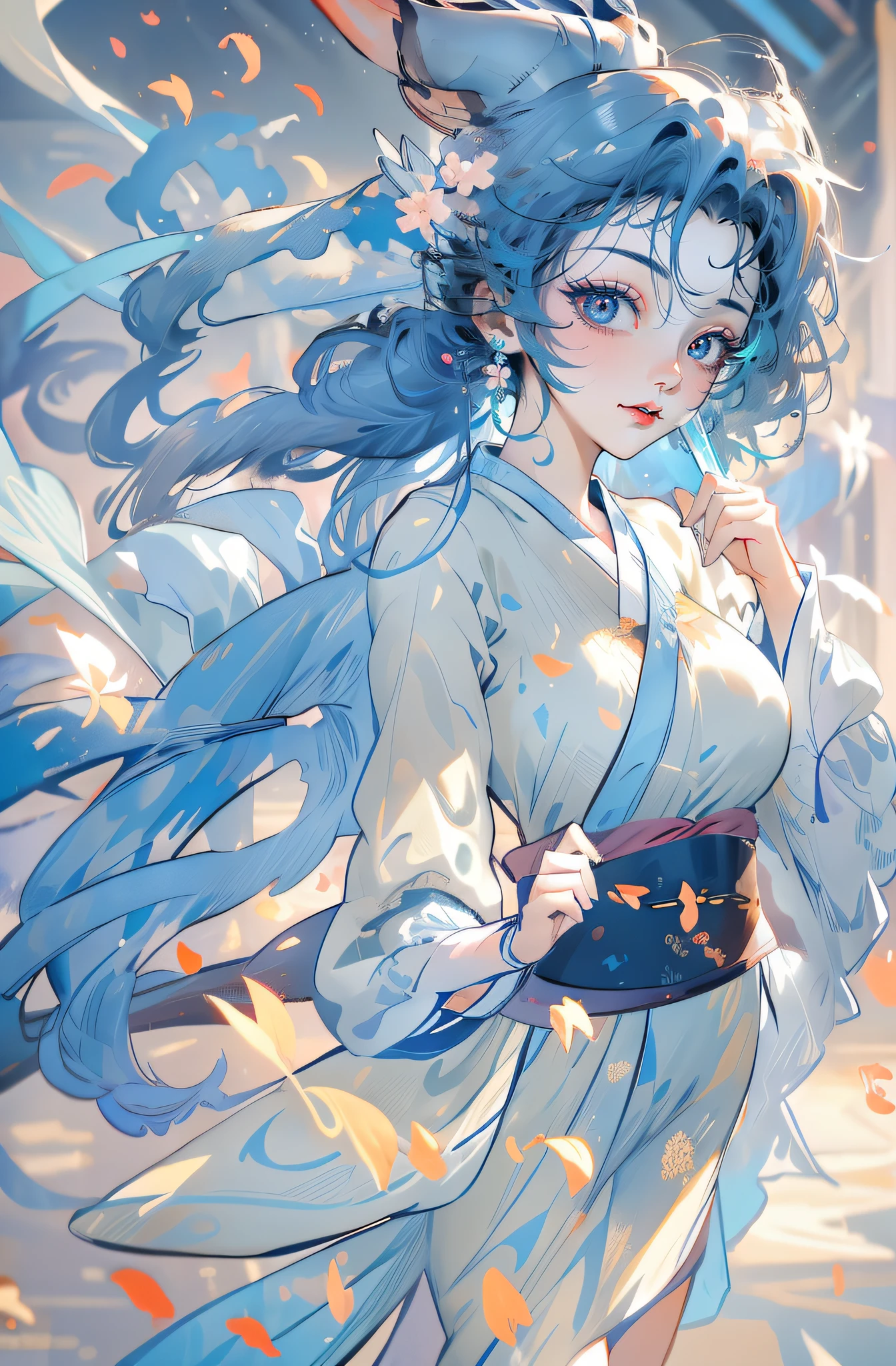 Mature girl ，blue hairs，Floating hair，Delicate and agile eyes，Blue pupils，Solid color Hanfu，fov，tmasterpiece，Petals flying，Frontal portrait shot，Moon，grieves，huge tit，Color saturation